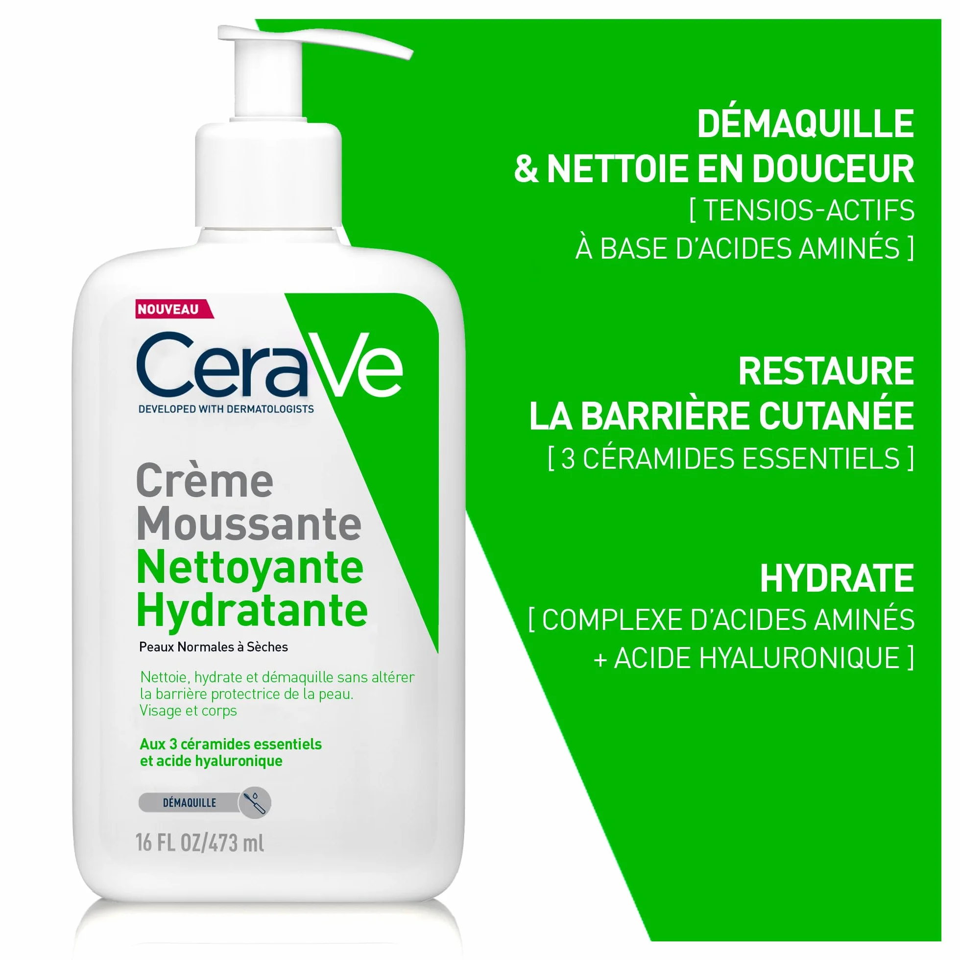Crème Moussante Nettoyante Hydratante Visage et Corps 473ml Céramides Acide Hyaluronique Peaux Normales à Sèches