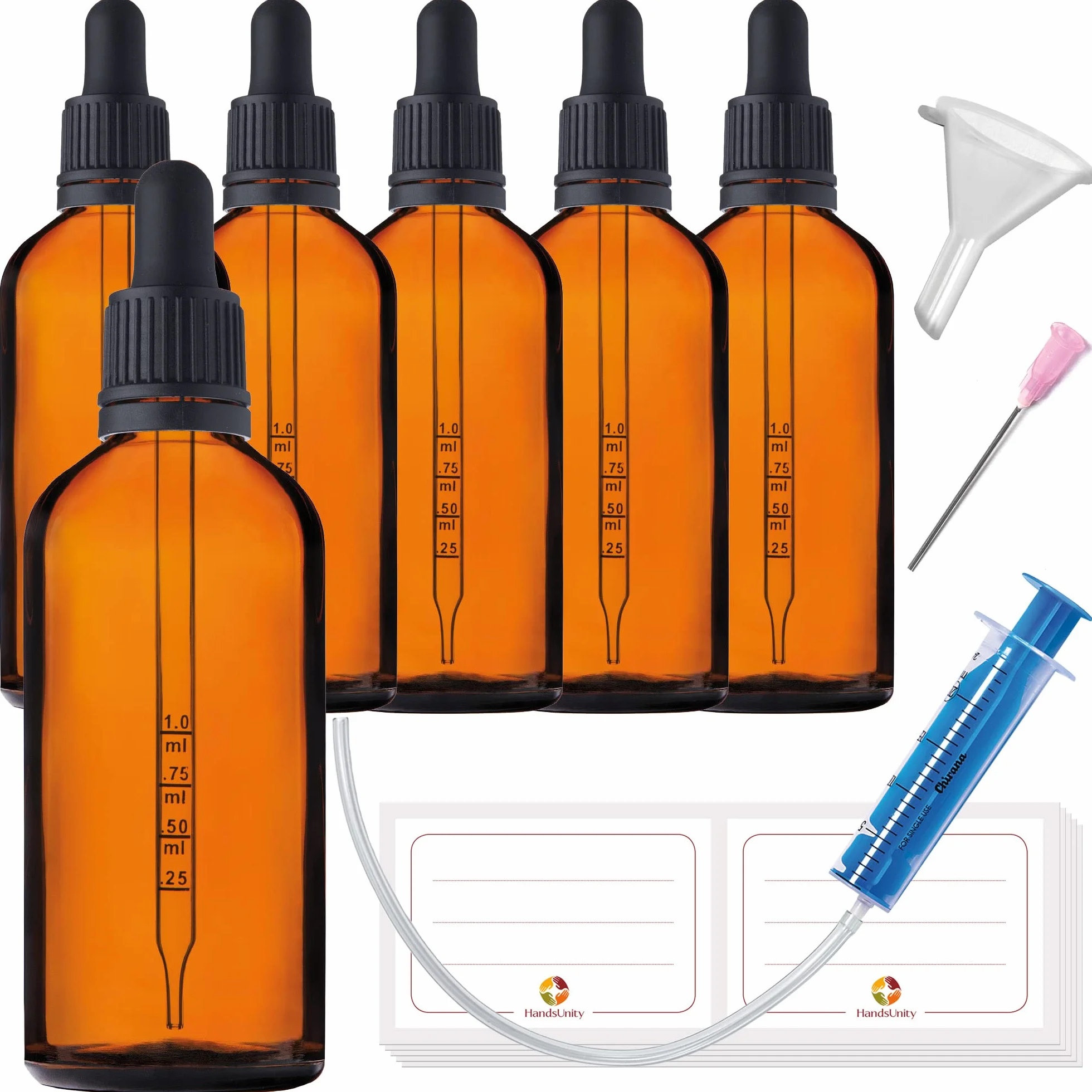 100ml-6pcs de Flacon de Pipette Petit Flacon en Verre - Verre d'apothicaire en Verre Ambré avec Capuchon de Pipette Noir Comprenant 17pcs d'accessoires Bouteilles en Verre Brun
