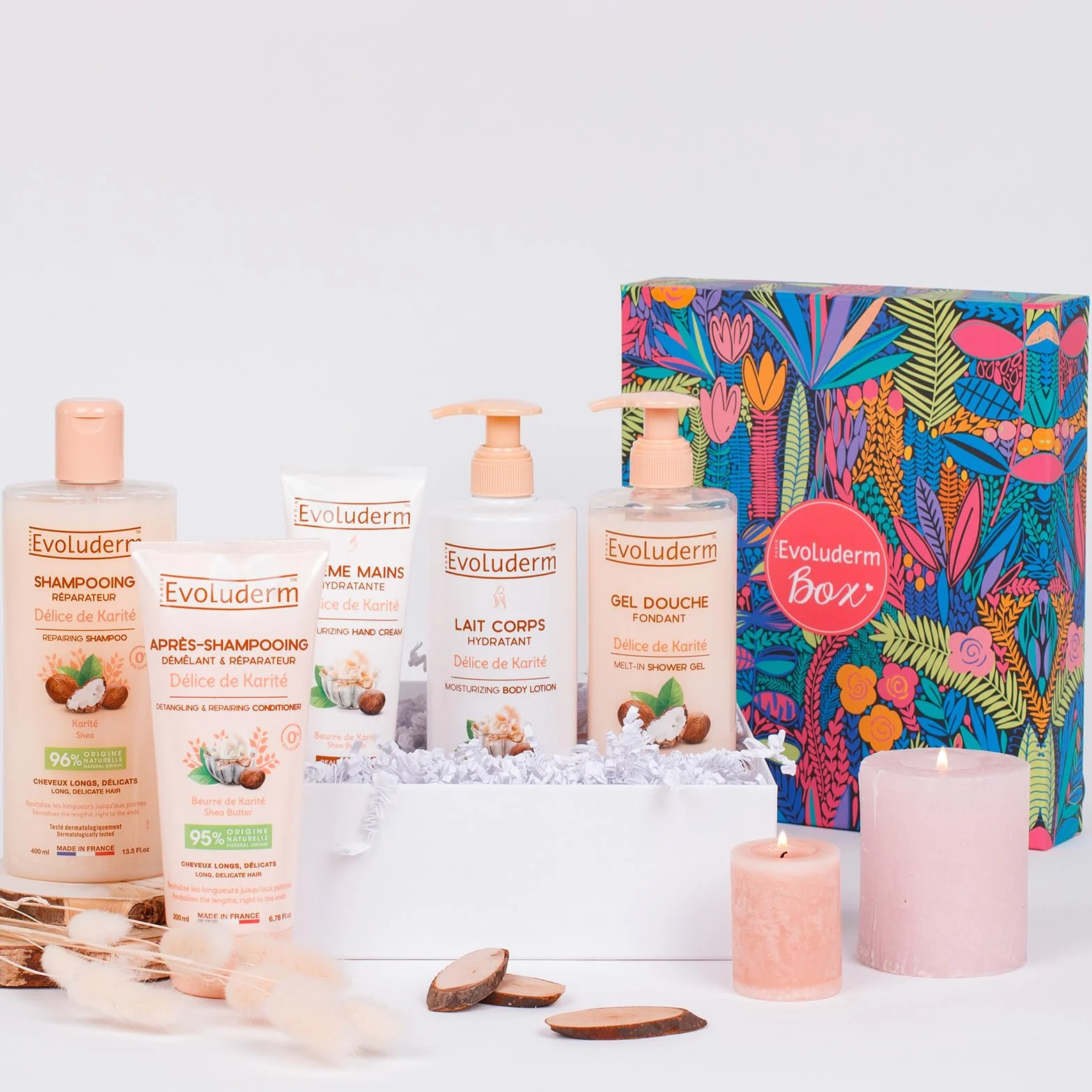 EVOLUDERM Coffret Cadeau Corps & Cheveux Délice de Karité 5 Produits + Gant Offert Origine Naturelle Végan Made in France