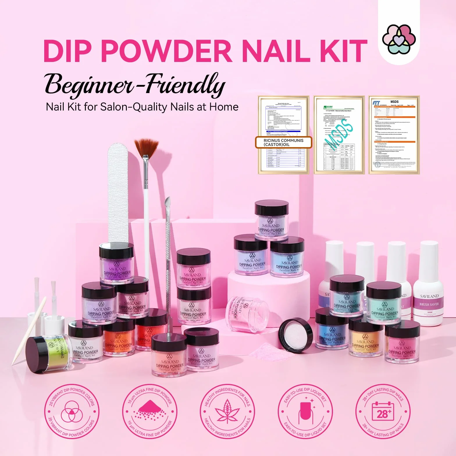 Saviland 29PCS Dipping Powder Kit, Kits Trempage Manucure Professionnel 20 Couleurs avec Activateur Base Top Coat