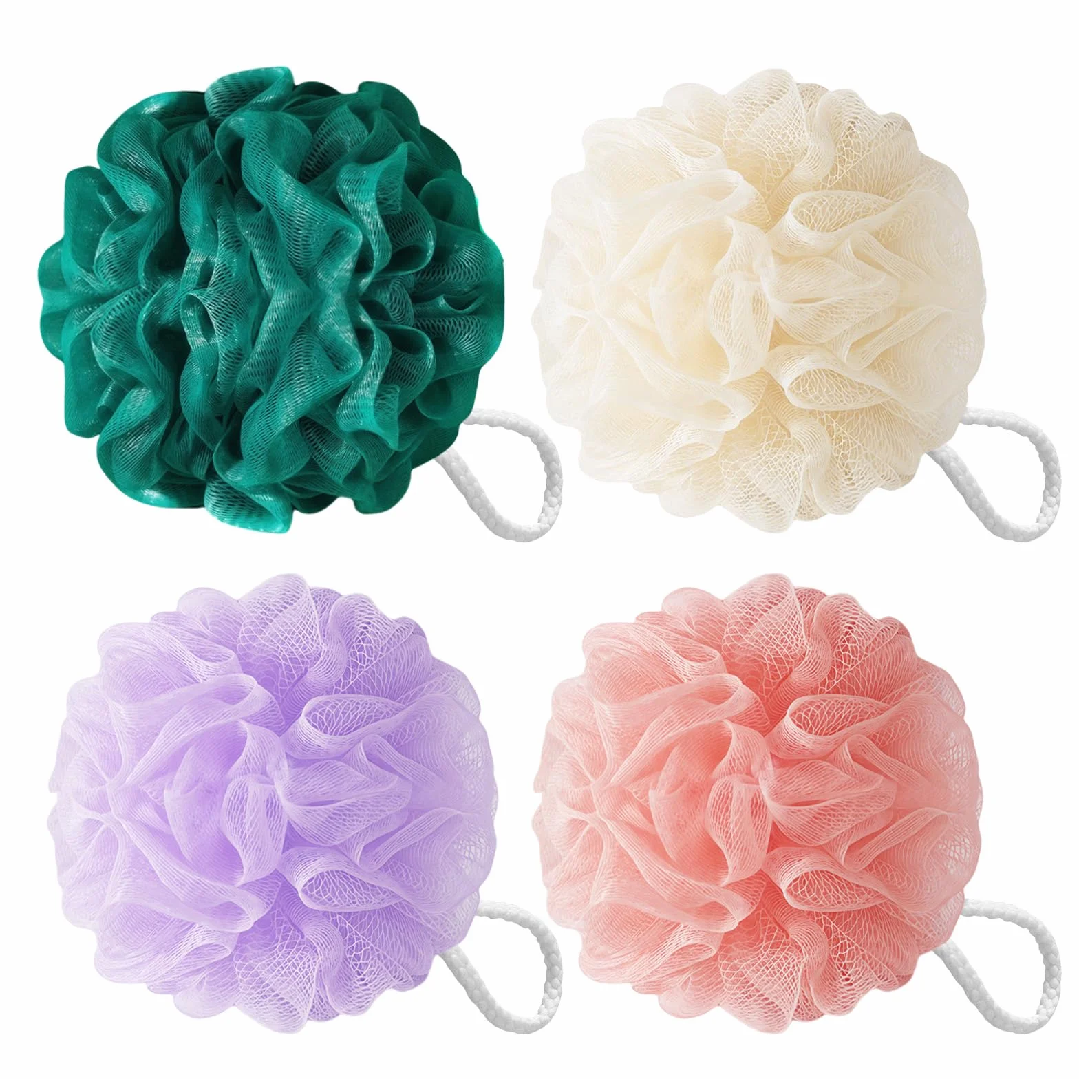Flintronic 4 Pièces Éponge de Bain Fleur de Douche Recyclées 50g Maille Moussante Lavable Loofah Exfoliant Peau