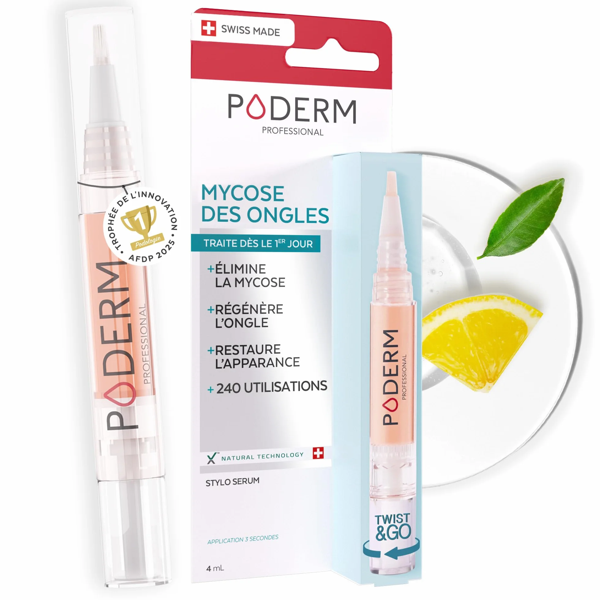 PODERM Stylo Mycose Ongles Des Pieds 4ML – Formule Vegan | Traitement 3en1 Elimine la Mycose | Nail Care Pen | 3 Secondes Par Jour et Résultats Rapides | Créé Par Une Podologue - Fabriqué en Suisse