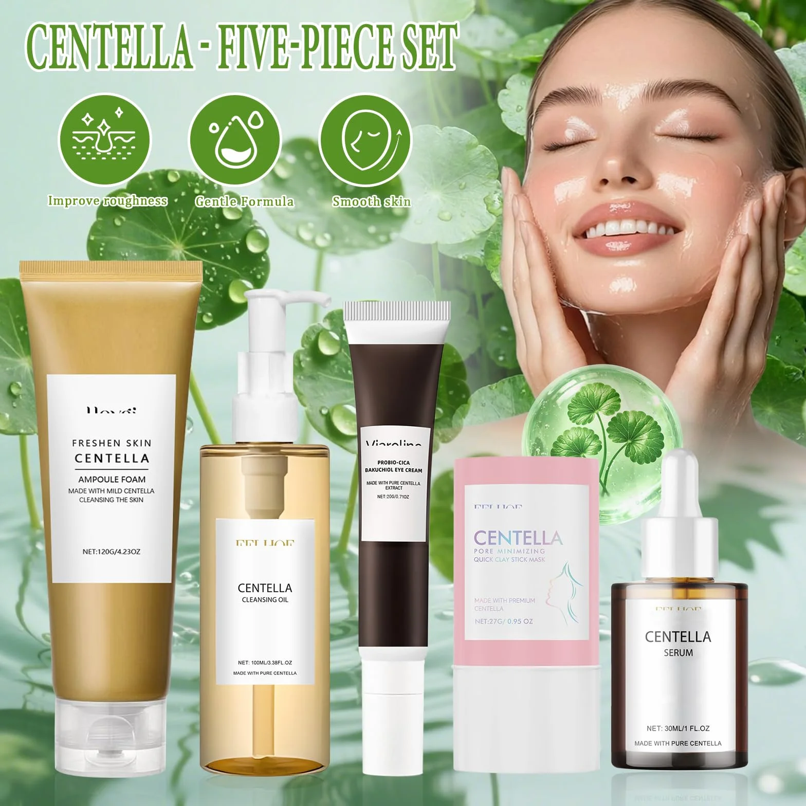 5Pcs Centella Skincare Kit,Centella Cleansing Oil+Centella Nettoyant Visage | Centella Serum + Centella Stick Mask + Creme Yeux, Nettoie, Nourrit et Hydrate la Peau,Combat Efficacement les Rides