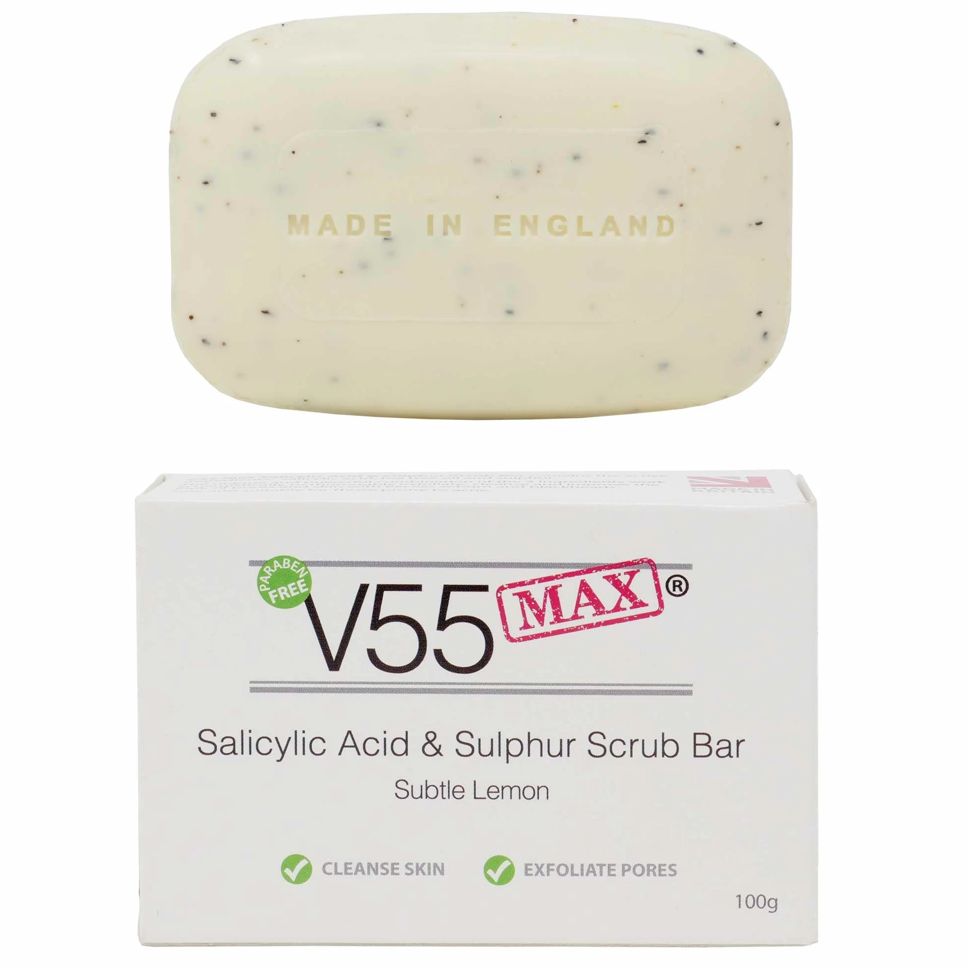 V55 MAX Salicylic Acid, Tea Tree Oil and Sulphur Soap Scrub for Spots Blackheads Milia Blemishes Problem Skin Suitable and Safe for those Prone to Acne - Paraben and Cruelty FREE - 100 grams
