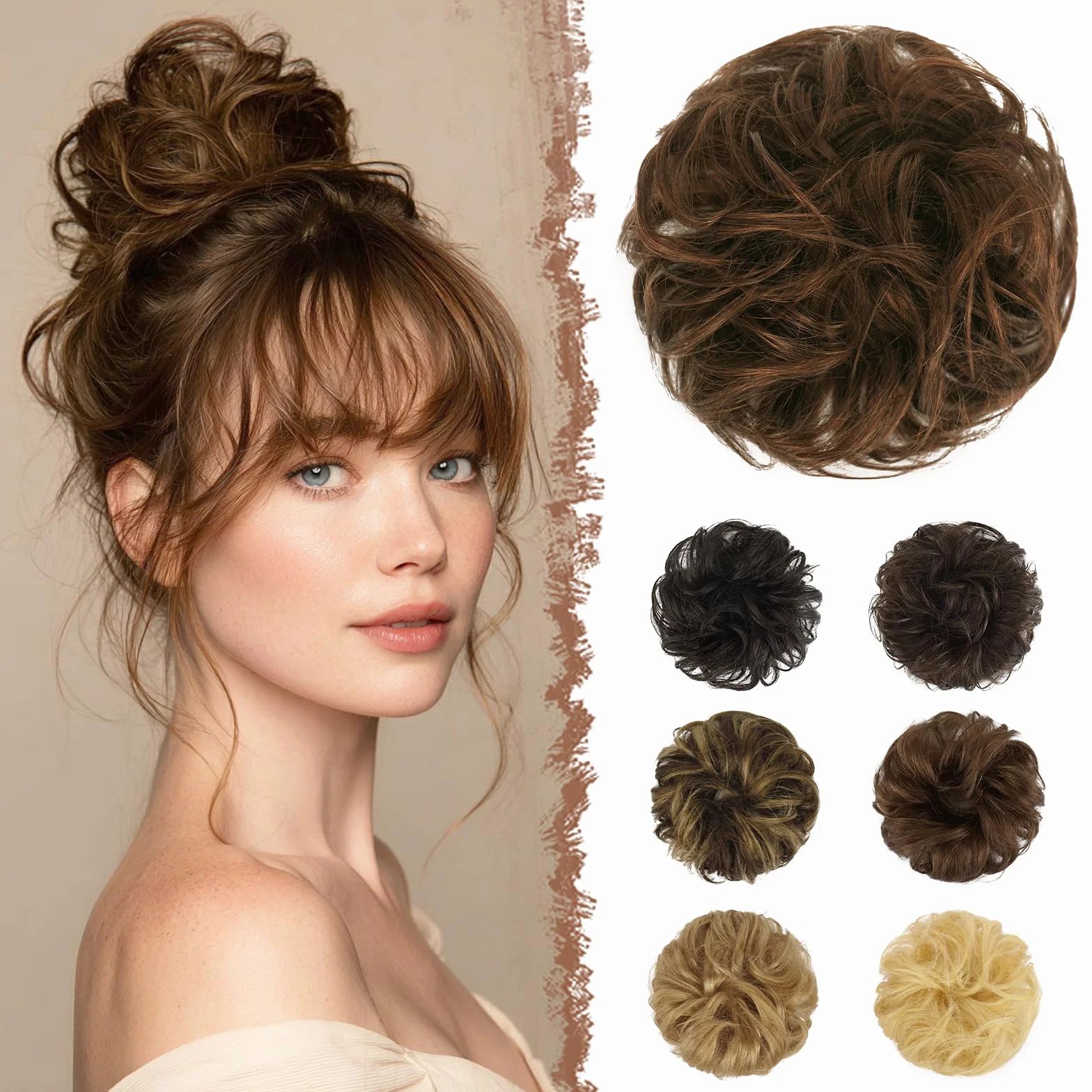 FESHFEN Postiche Chignon Naturel - 100% Humains Cheveux Ondulés Chouchou Postiches Extension Elastique pour Femme, Blond mélangé Chatain Clair