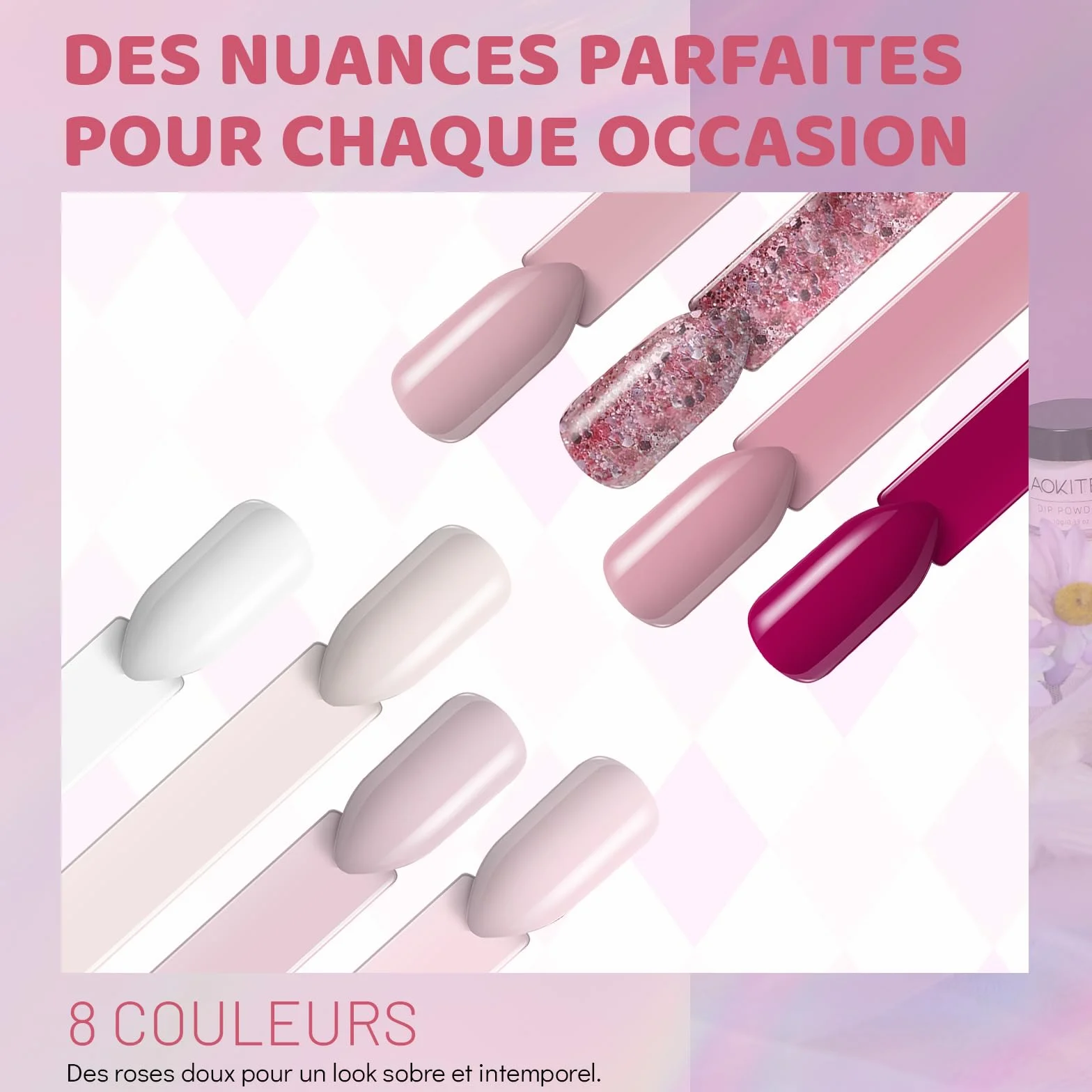 Poudre à tremper Aokitec 8 couleurs série rose pour nail art français, poudre à ongles facile à utiliser sans lampe