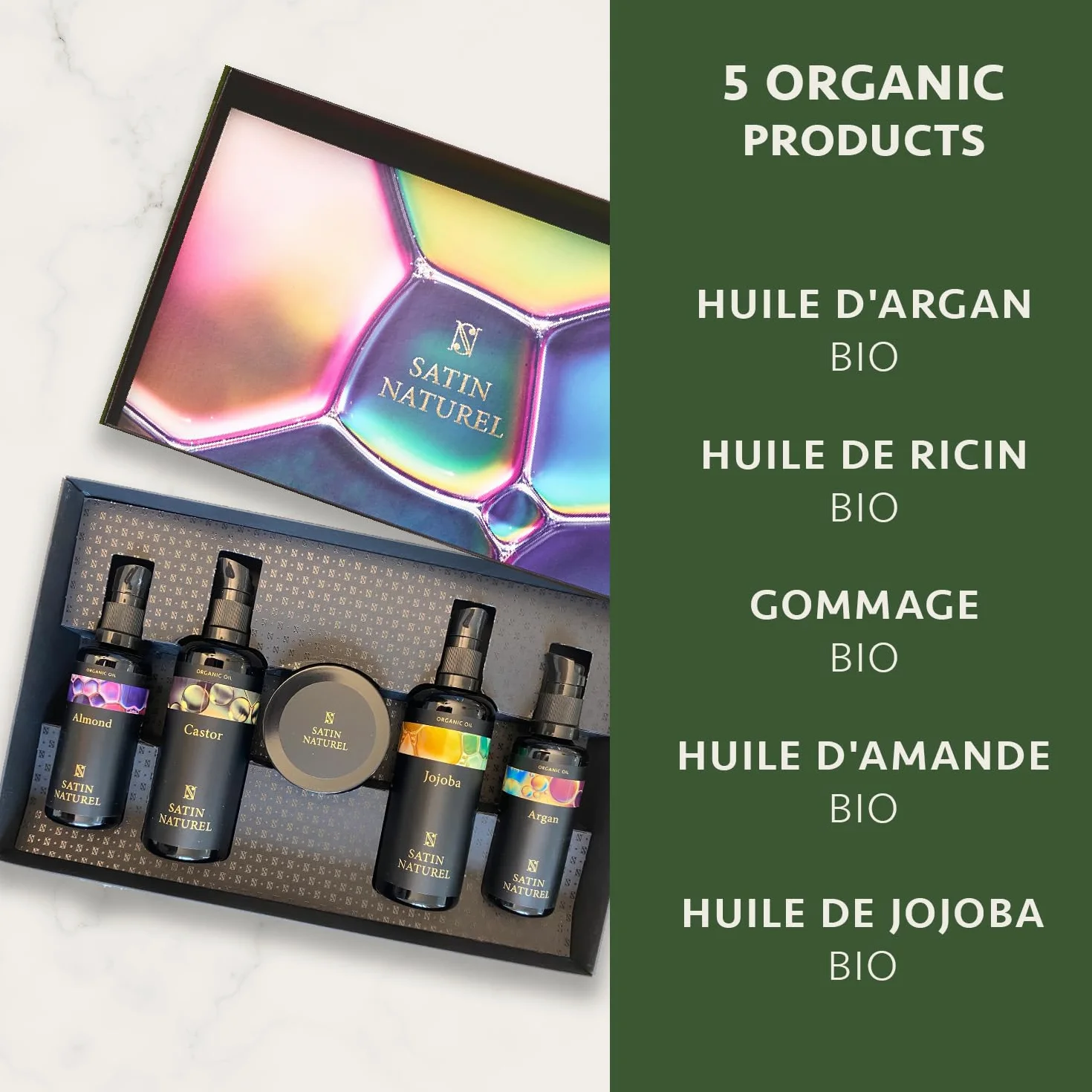 Satin Naturel Coffret Cadeau Femme 350 ml Huile Argan Ricin Amande Jojoba Gommage Corps
