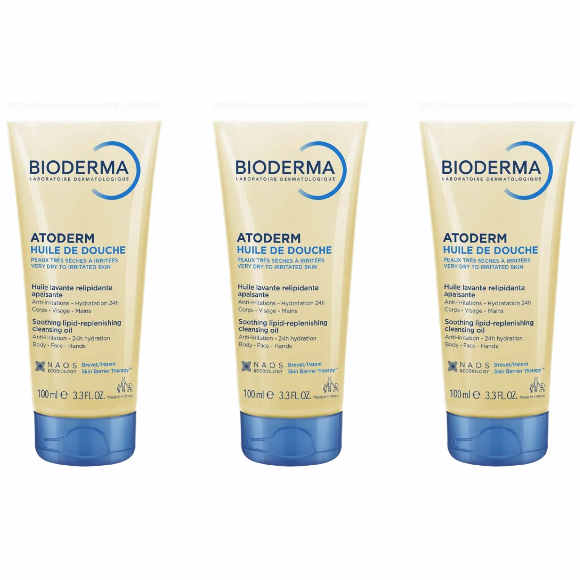 Atoderm Huile de Douche - Nettoyant Relipidant et Hydratant - Peaux Très Sèches à Atopiques - 24h d’Hydratation et Confort - Visage, Corps et Mains - Pour Toute la Famille - Lot de 3x100mL