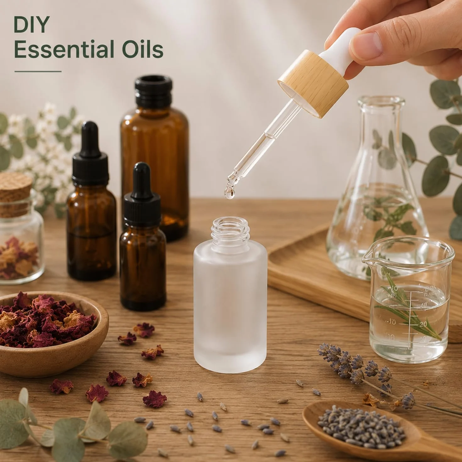 Lot de 12 flacons compte-gouttes en verre dépoli de 30 ml pour huiles essentielles avec bouchons en bois vides avec couvercles en bois pour voyage, maison, magasin