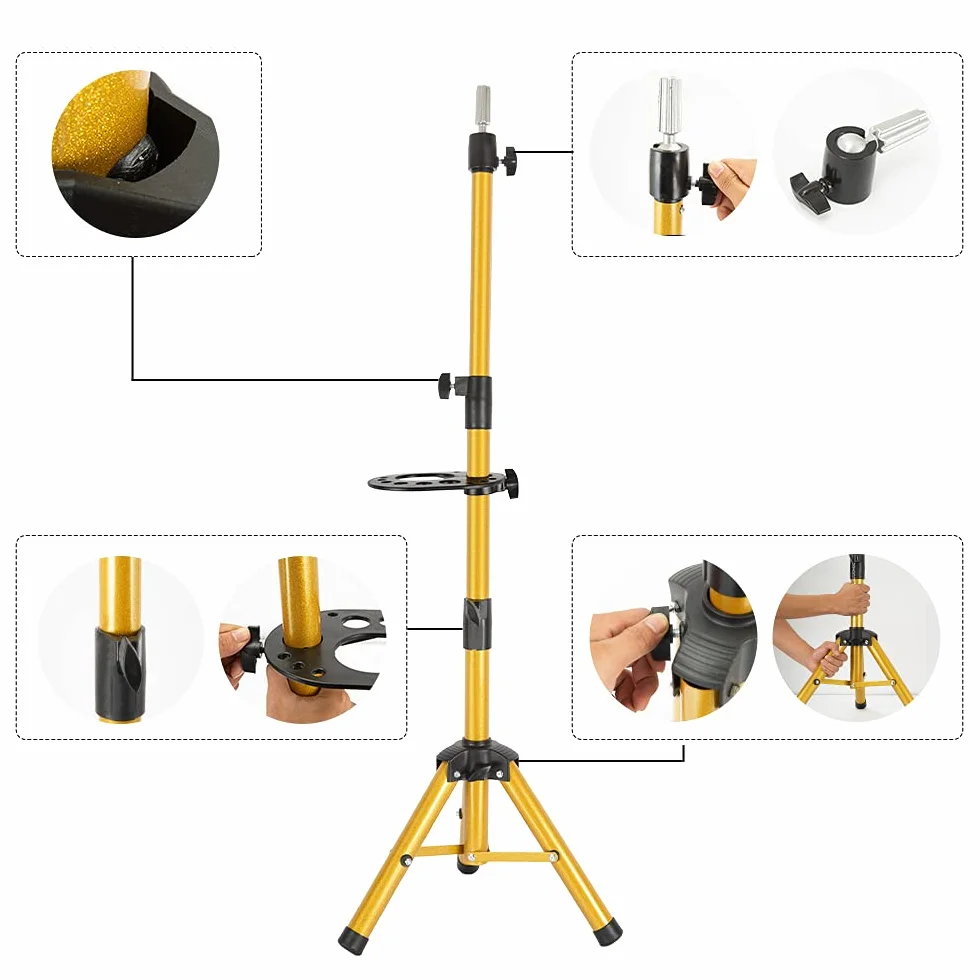 Trépied réglable en acier inoxydable pour perruque de 140 cm avec plateau à outils (tête de mannequin non incluse)