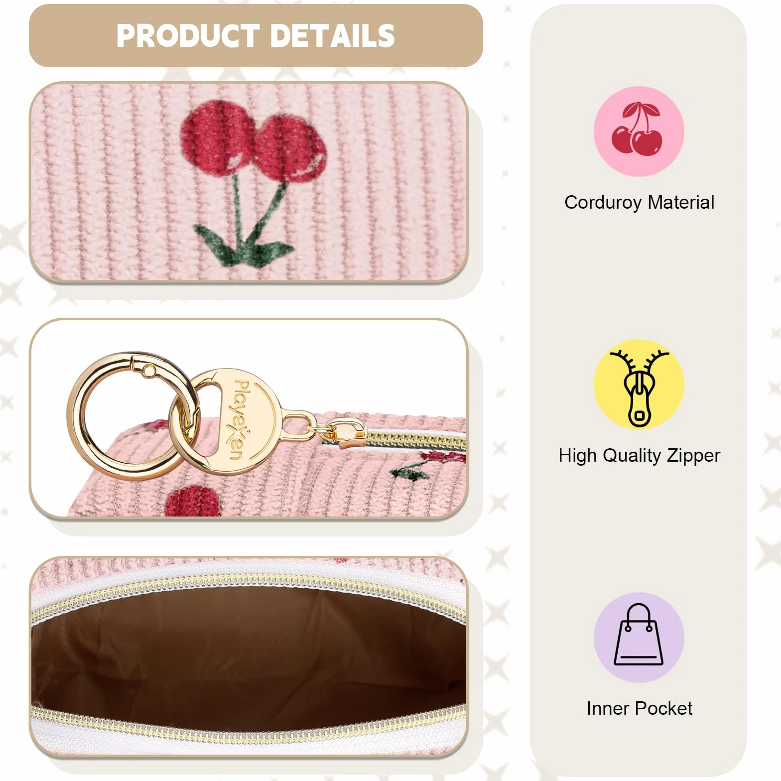 Pochette Maquillage Velours Côtelé Trousse de Rangement Femme Cosmétique 11x5,5x8,5cm Cerise-Rose