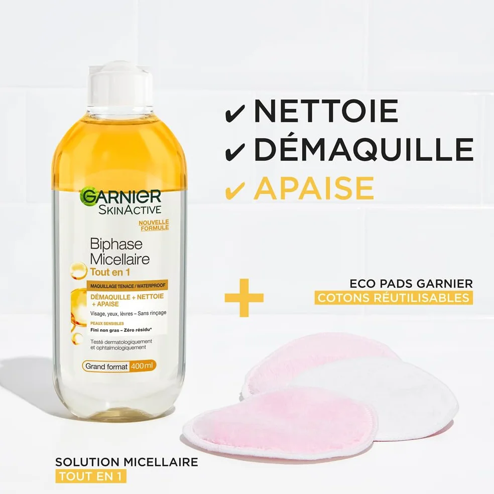 GARNIER Skin Active Biphase Micellaire 400 ml Nettoyant Démaquillant Visage Yeux Lèvres