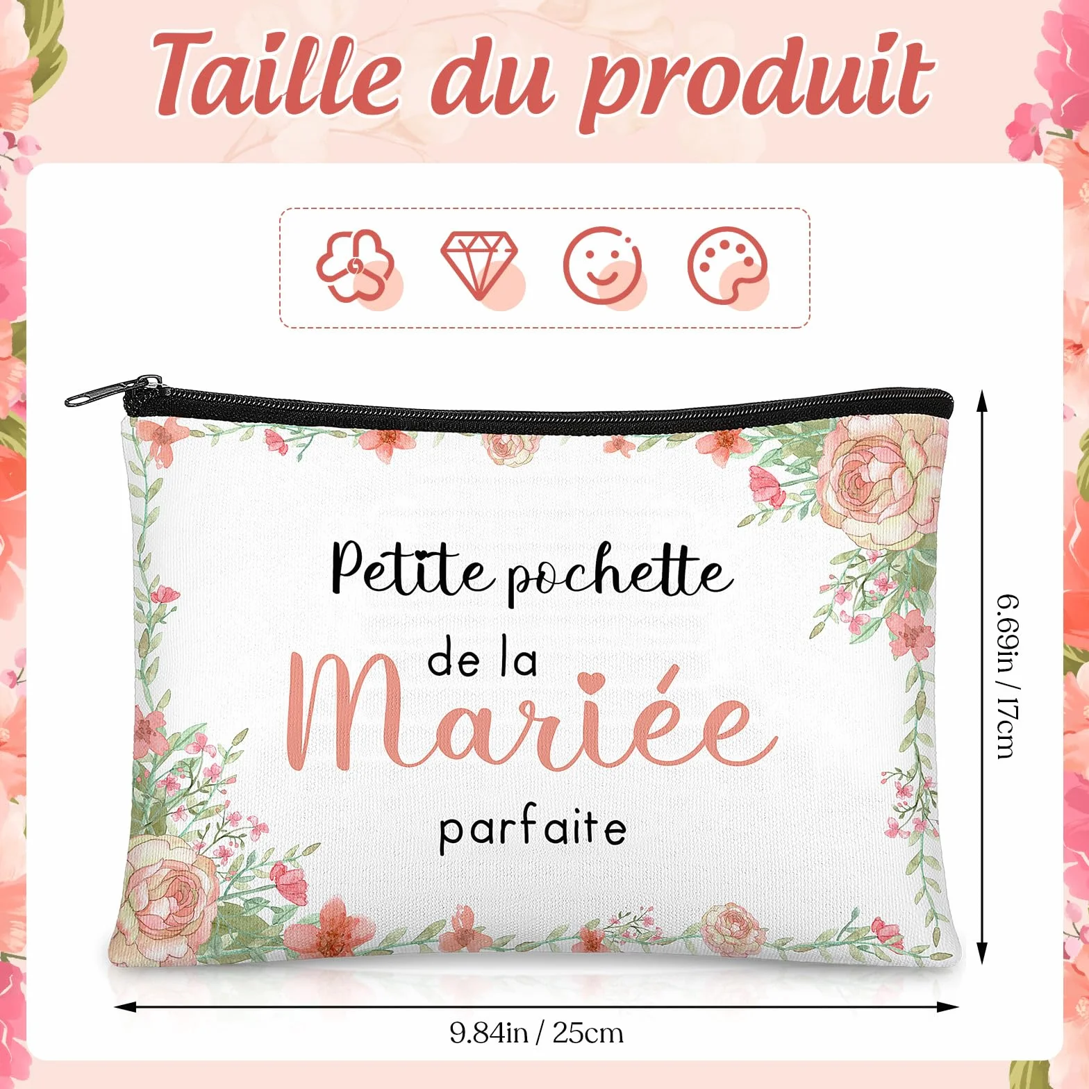 Pochette à Cosmétiques Zippée pour Mariée Trousse de Maquillage Cadeau de Mariage