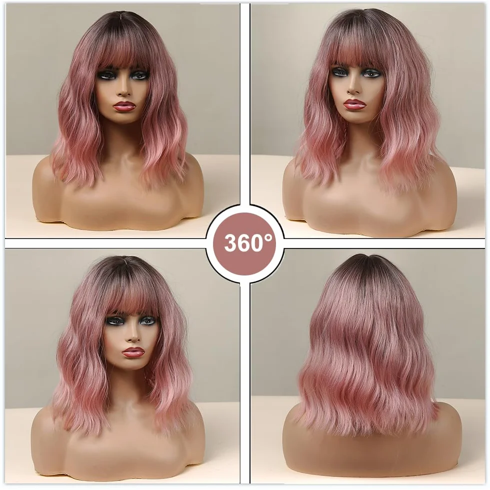 Esmee 14 Pouces Court Ndulée Ombre Rose Bob Perruque avec Franges Naturelle Synthétique Heat Resistant Perruques pour les Femmes avec des Racines Sombres pour la fête Quotidienne Cosplay Portez
