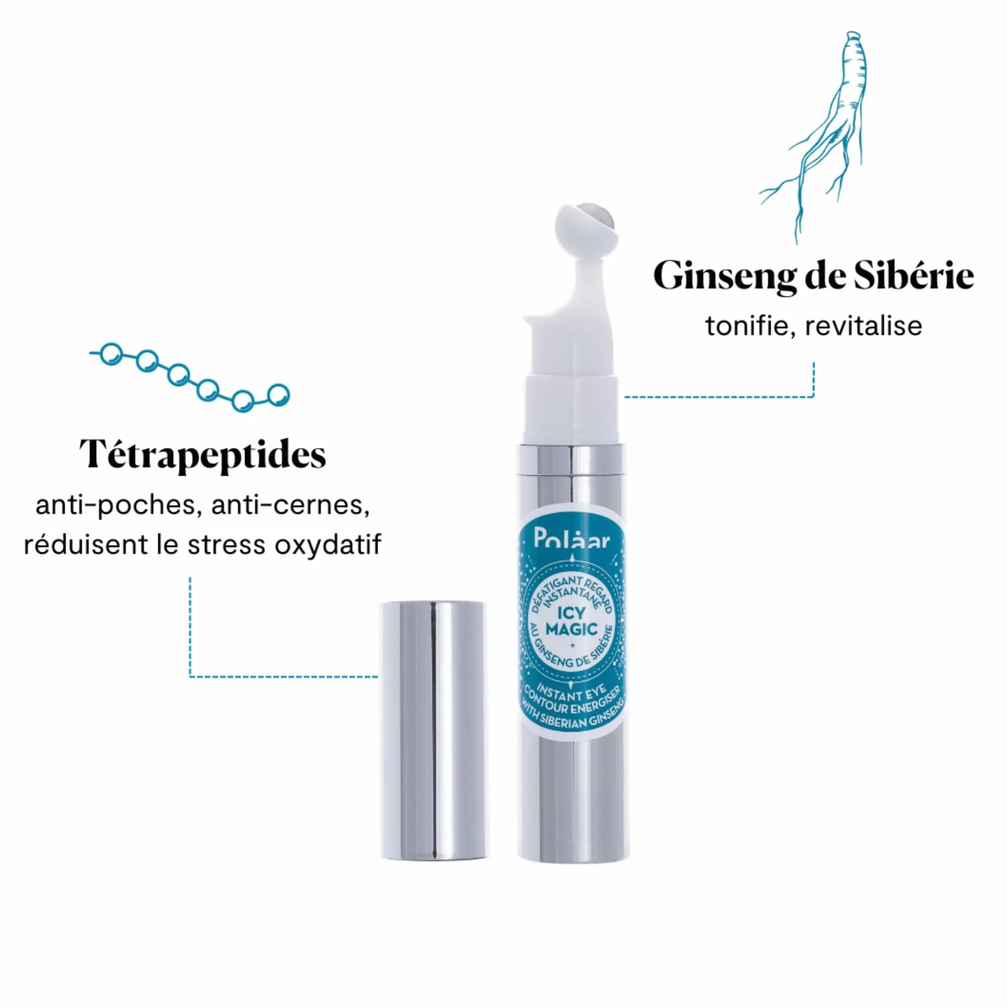 Polåar Roll-On Défatigant Regard Instantané Icy Magic Ginseng Sibérie Soin Contour des Yeux Bille Glacée Anti-Cernes Anti-Poches 92% Naturel Vegan Made in France 10ml