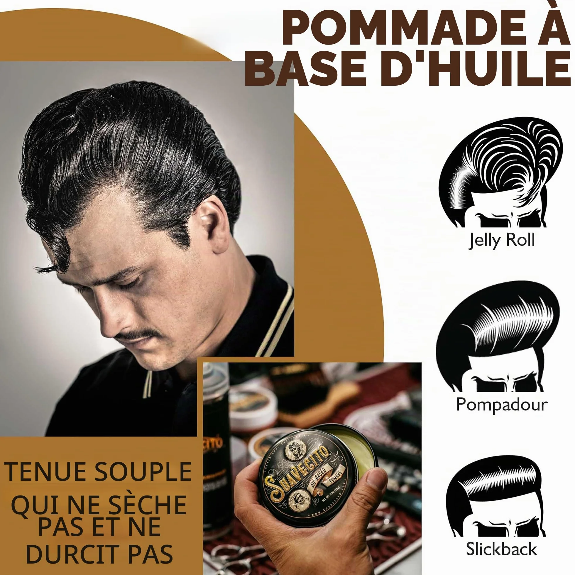 Pommade à base d'huile Suavecito, tenue moyenne et durable, brillance saine, adaptée à tous les types de cheveux, à appliquer sur cheveux mouillés ou secs 3oz/85g
