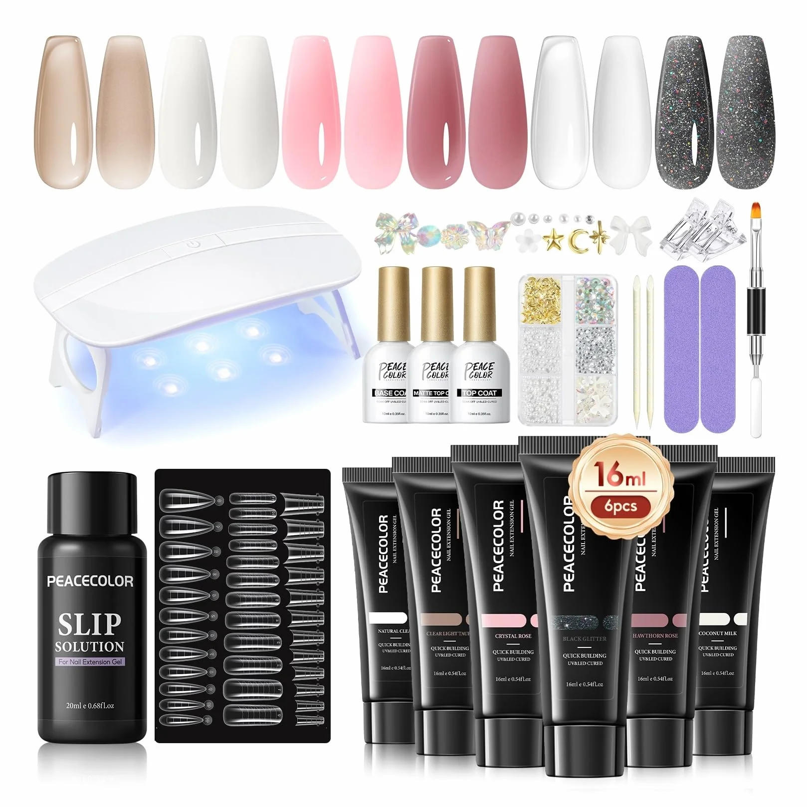 PEACECOLOR Poly Extension Gel Kit Complet avec Lampe U V 6 Couleurs Nude Rose Blanc 16ml Ongle gel Kit Construction Ongle avec Base et Top Coat La Manucure à la Maison