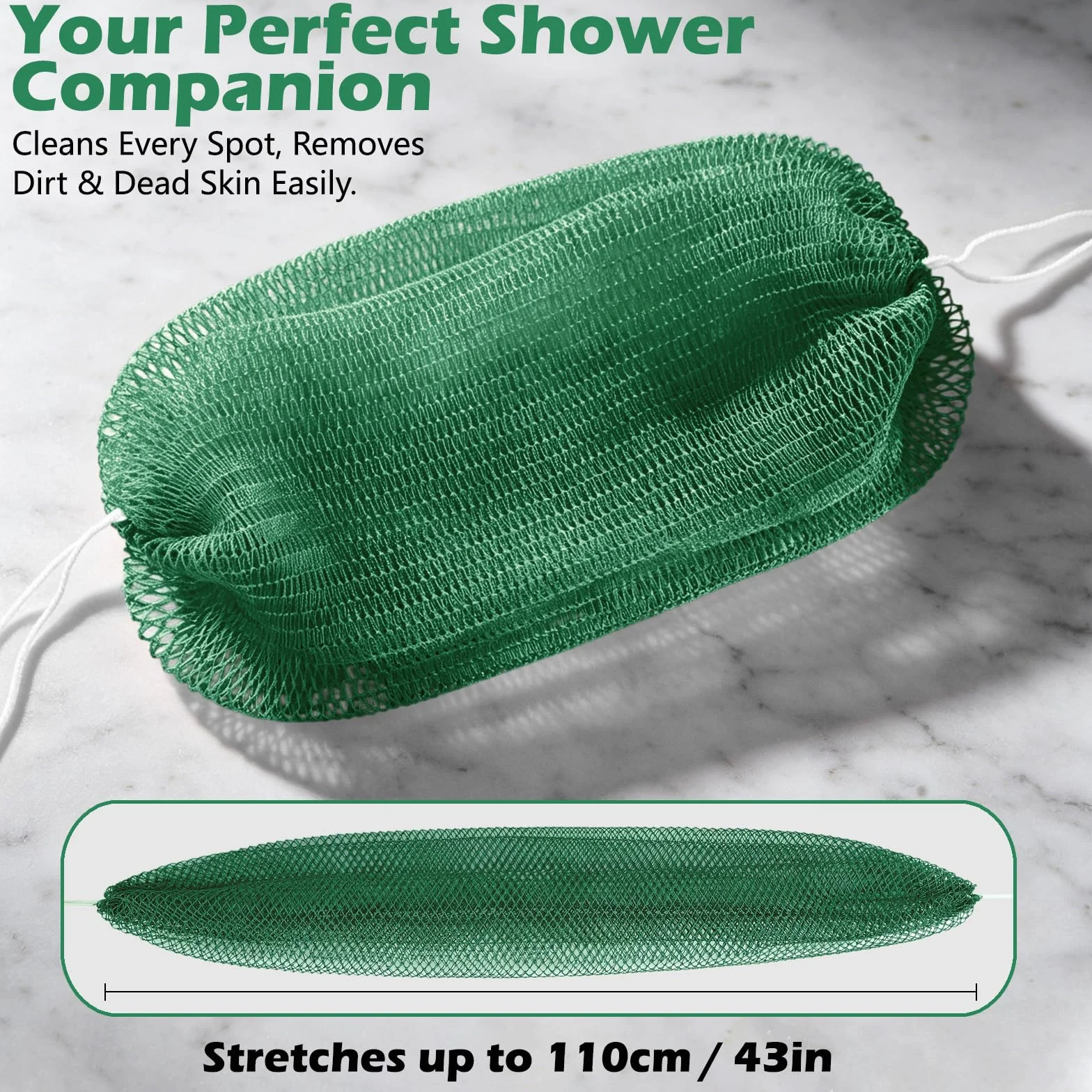 Filet de Douche Africain Éponge à Séchage Rapide Net Sponge avec Cordes pour Gommage Corps Doux Vert foncé