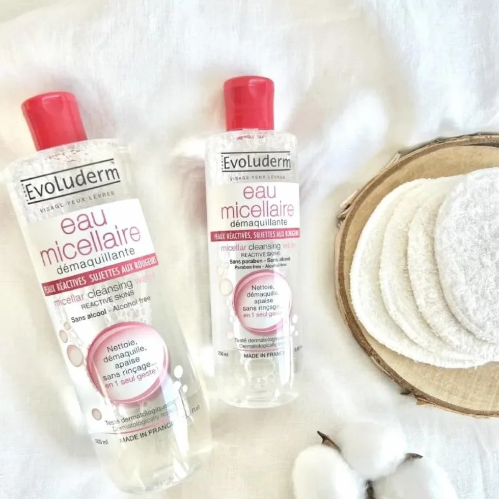 EVOLUDERM - Eau Micellaire Démaquillante Peaux Réactives, Sujettes Aux Rougeurs - 500 ml - 93% d'Origine Naturelle - Végan - Fabrication Française - Lot de 3 x 500 ml