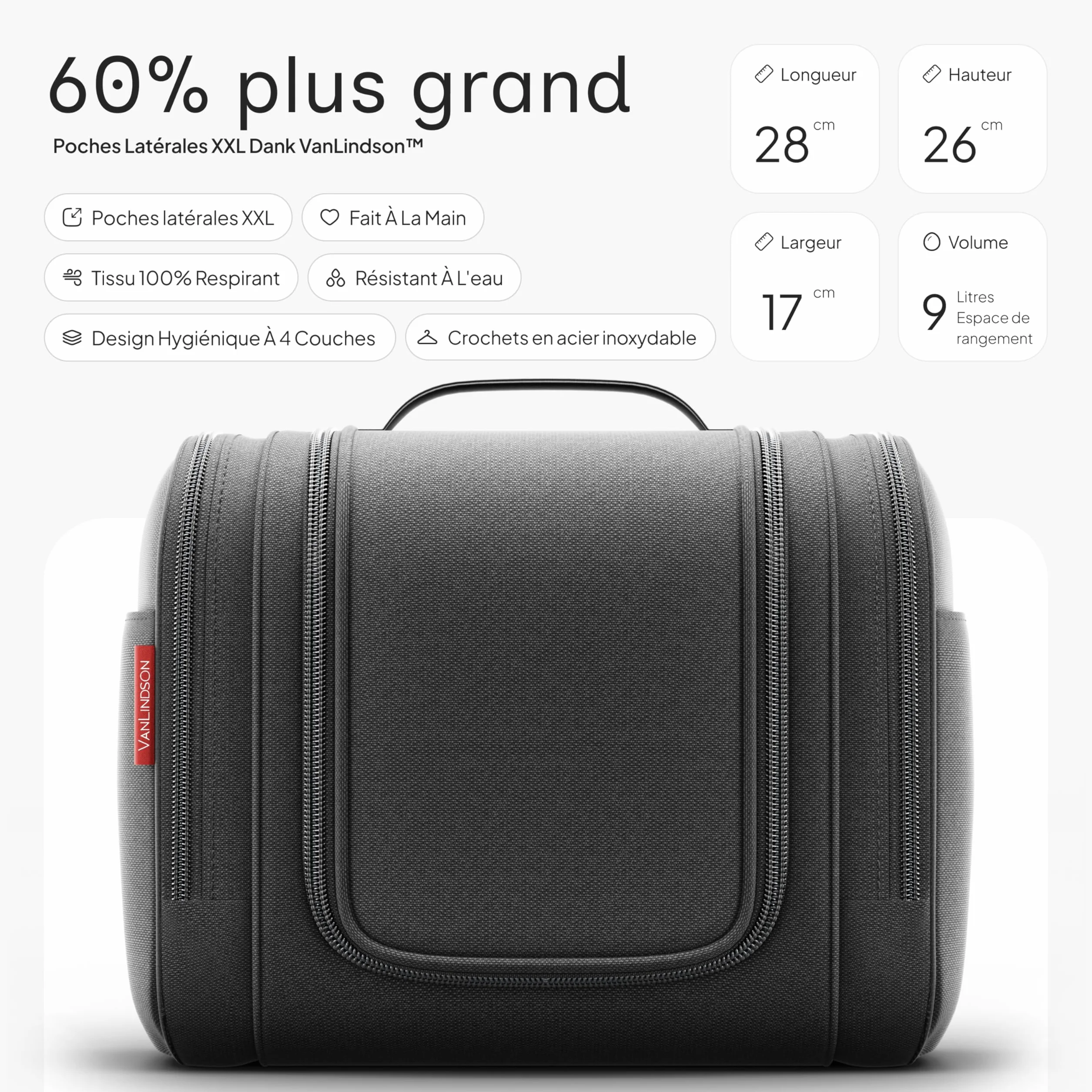 VanLindson Trousse de Toilette XXL Homme Femme 9L Rangement 3-en-1 Voyage Suspendre Imperméable Noir Mat