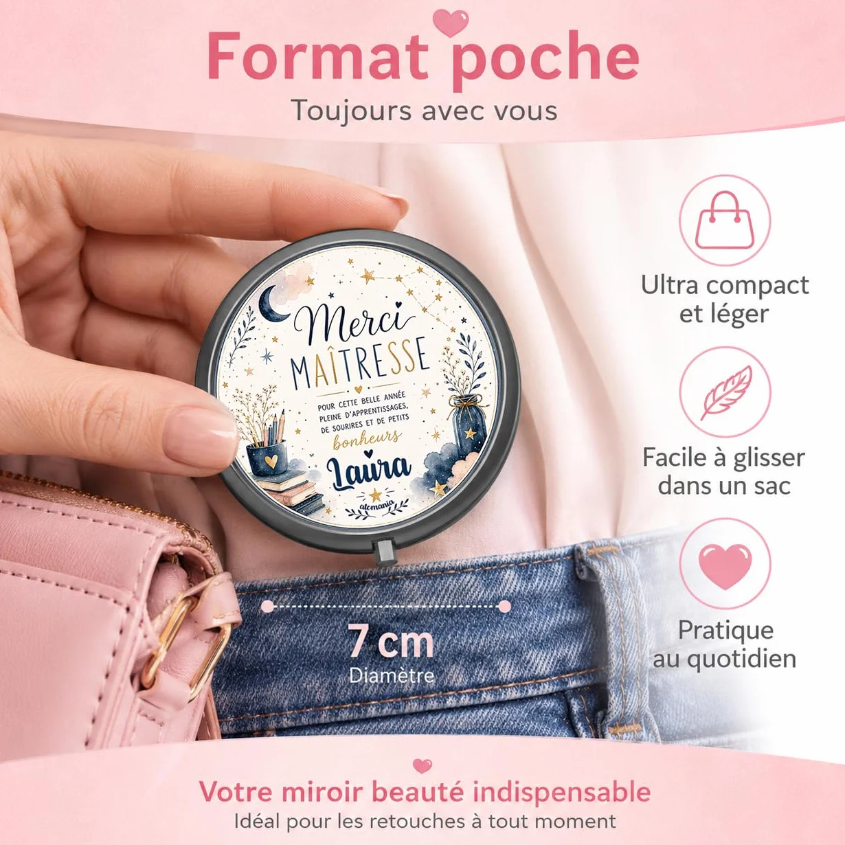 Miroir de Poche Personnalisé avec Prénom – Cadeau Maîtresse Original Fin d'Année Scolaire – Miroir Compact Femme