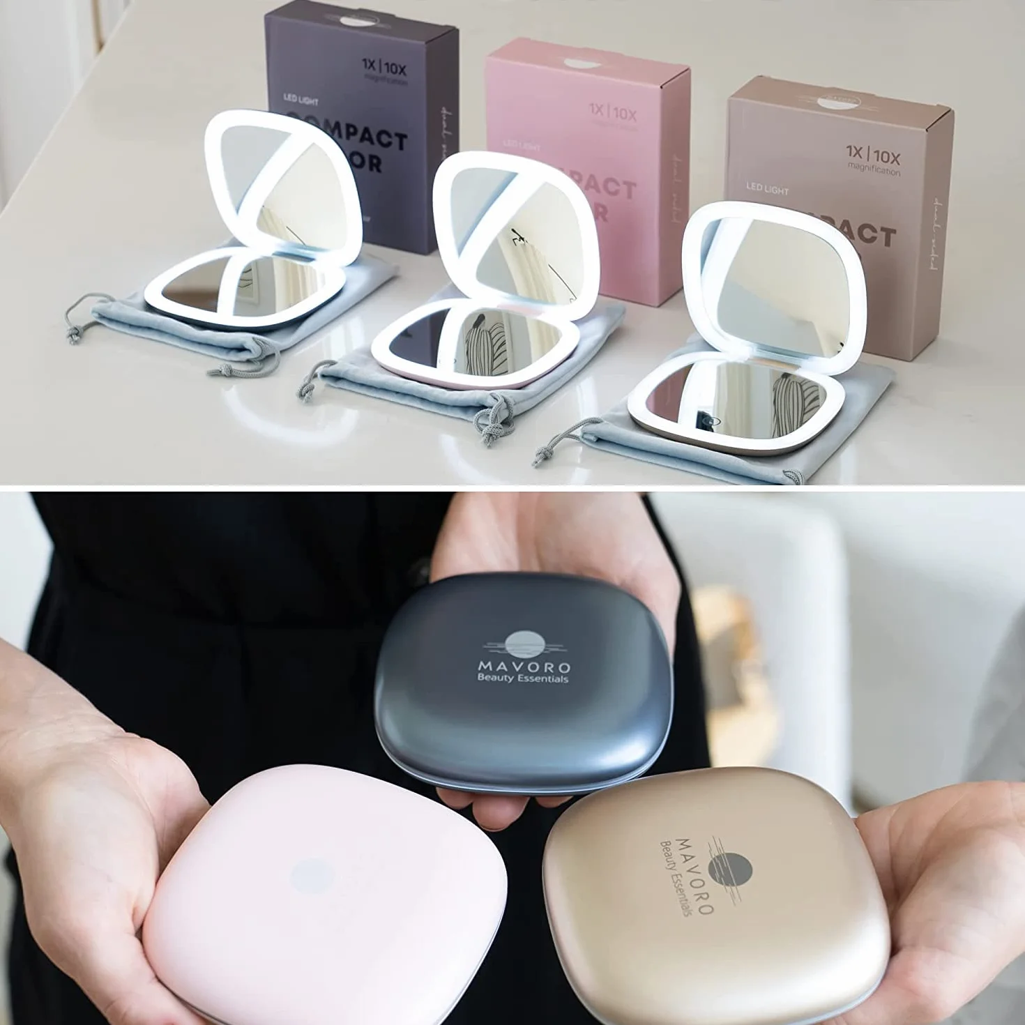 Miroir de Maquillage de Voyage Éclairé LED Rechargeable 1X/10X Lumière Diurne Capteur Tactile USB Or Champagne