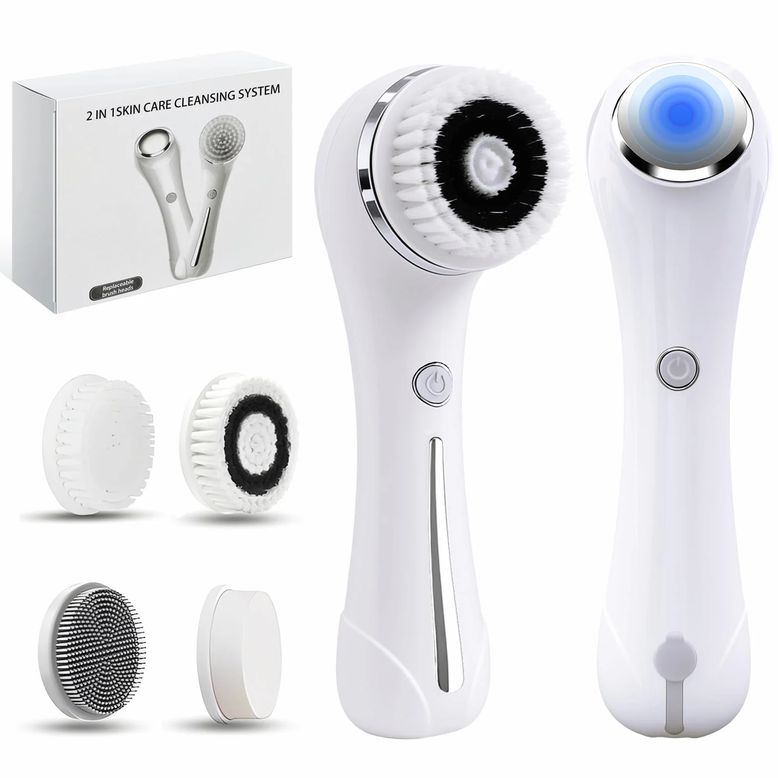 Brosse Nettoyante Visage, 2 en 1 Massage Visage avec 4 Embouts pour Nettoyer Le Visage en Profondeur, IPX7 Imperméable Brosse Électrique Visage, 2 Réglages de Vitesse