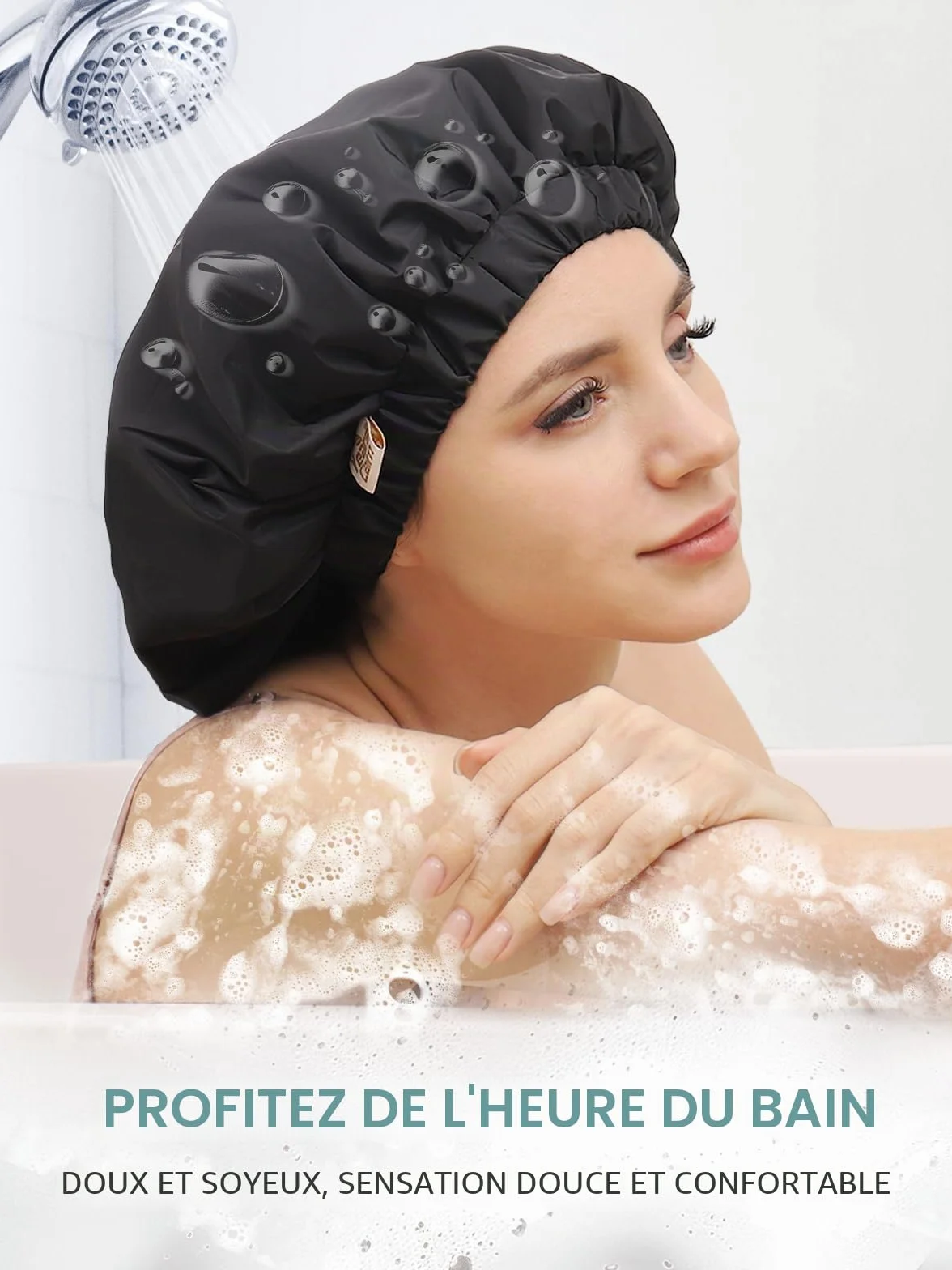Bonnet de douche imperméable réutilisable pour femme, design élastique double couche, noir