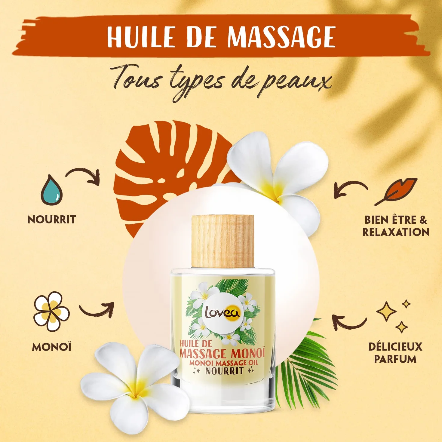 LOVEA Huile de Massage Corps Monoï Nourrit 97% Origine Naturelle Vegan 50 ml