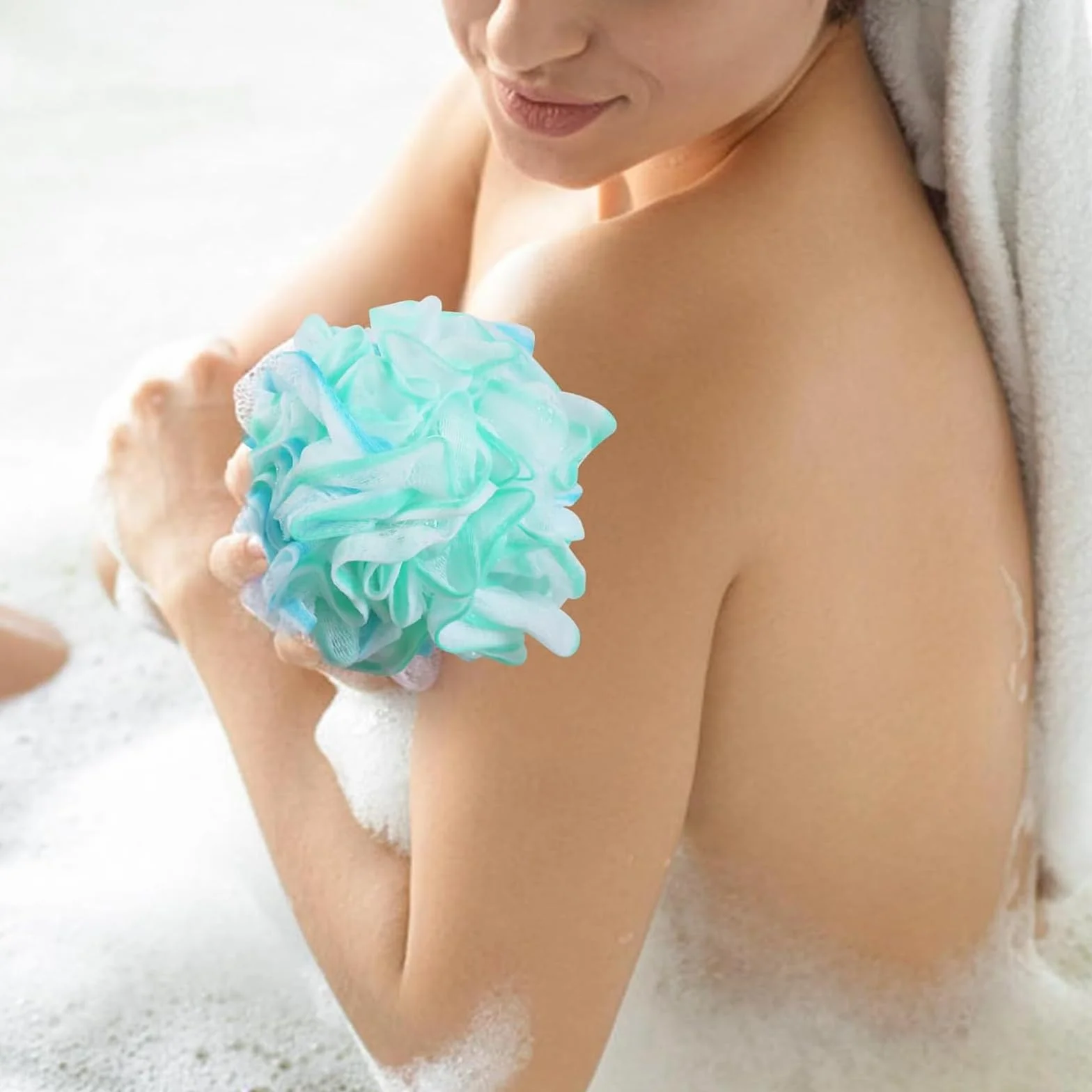 Éponges de bain en luffa pour gommage et massage du corps - Lot de 4 avec ruban - Maille douce motifs floraux