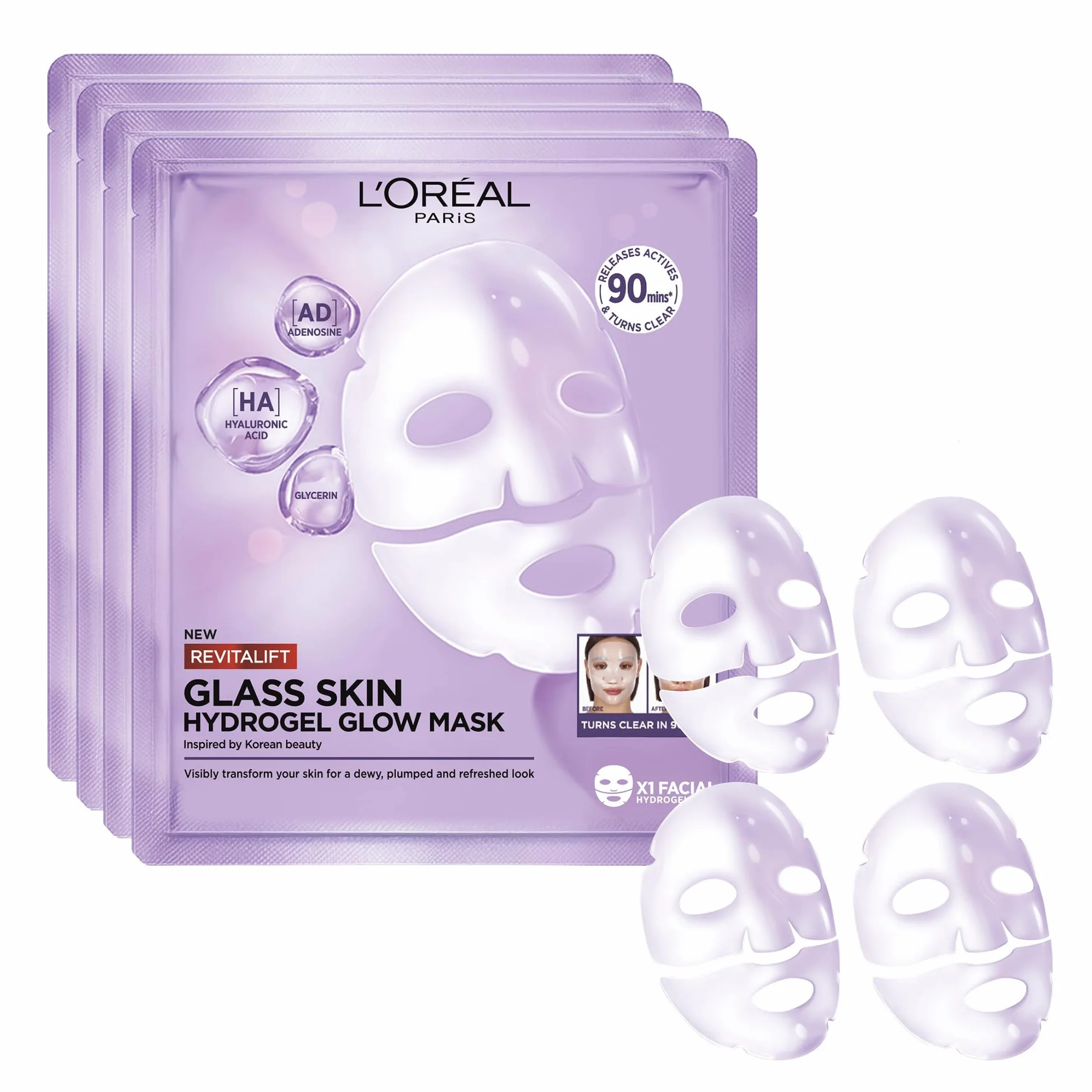 L'Oréal Paris Revitalift Filler Glass Skin Masque Visage Hydrogel Éclat Hydratation Intense Acide Hyaluronique Lot de 4