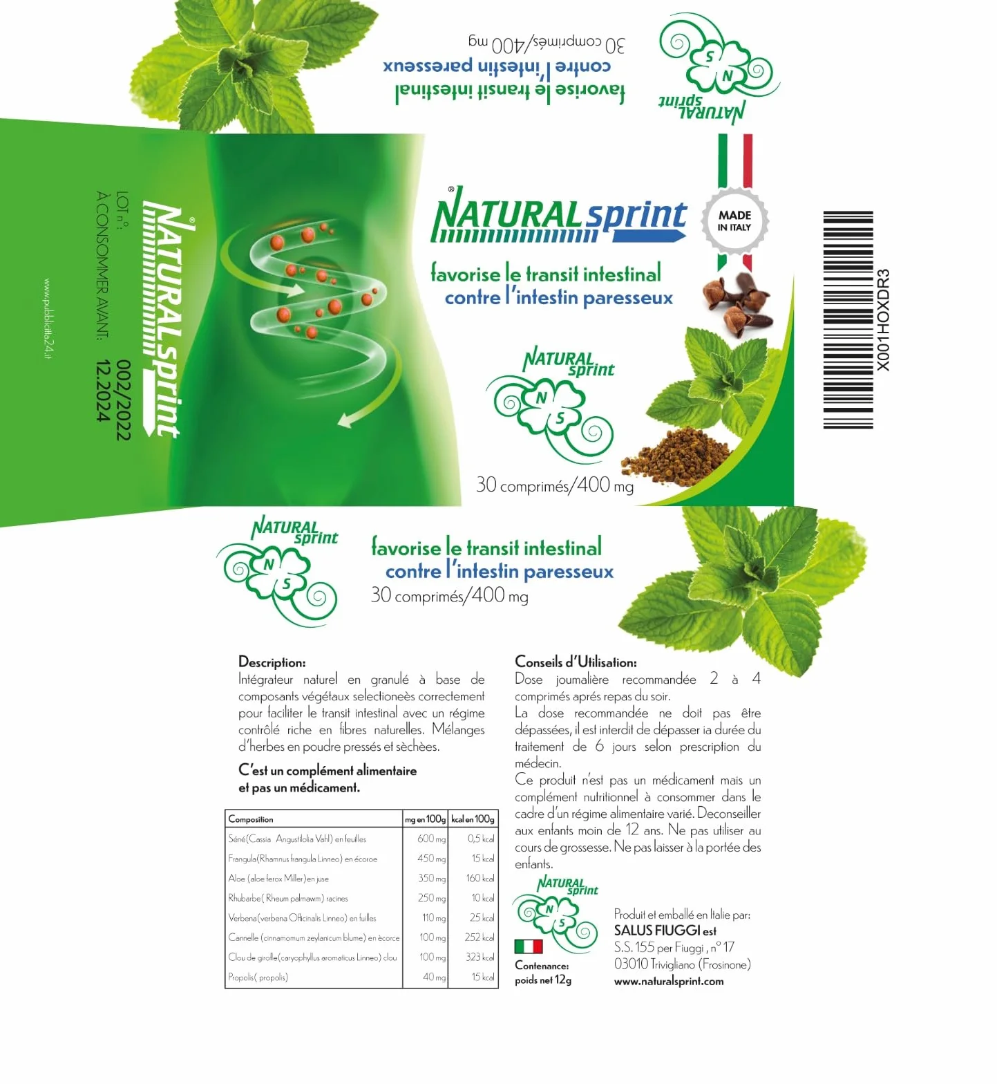 Natural Sprint Laxatif puissant constipation adultes 30 comprimés 400mg 100% naturel