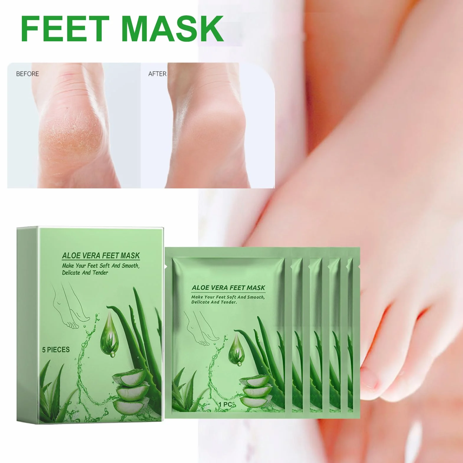 Yinhing Masque Pieds Aloe Vera 5 Pièces Exfoliant Hydratant Soin Doux Lisses