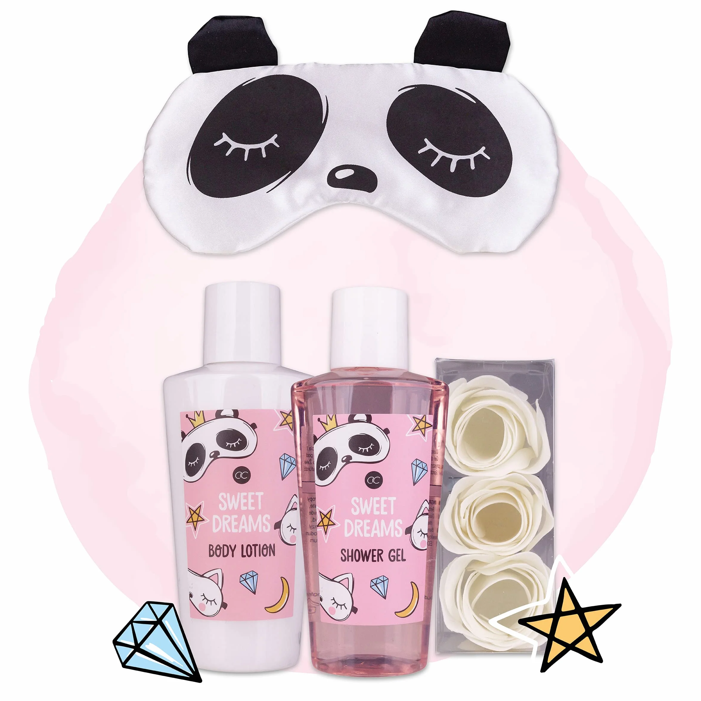Coffret beauté Sweet Dreams masque de sommeil panda gel douche lotion corps confettis bain rose
