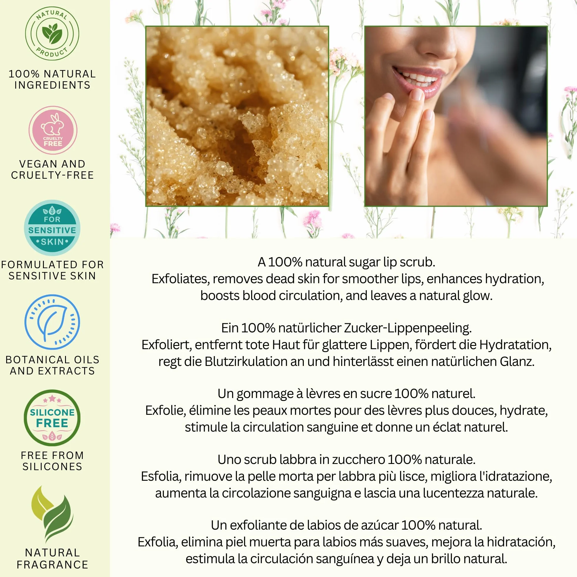 100% Naturel GOMMAGE AU SUCRE POUR LES LÈVRES - avec MIEL & VANILLE et HUILE DE JOJOBA & VITAMINE E - 60g - par AMOR FLORUM. Gommage au Sucre Exfolie et Nourrit les Lèvres en Douceur.