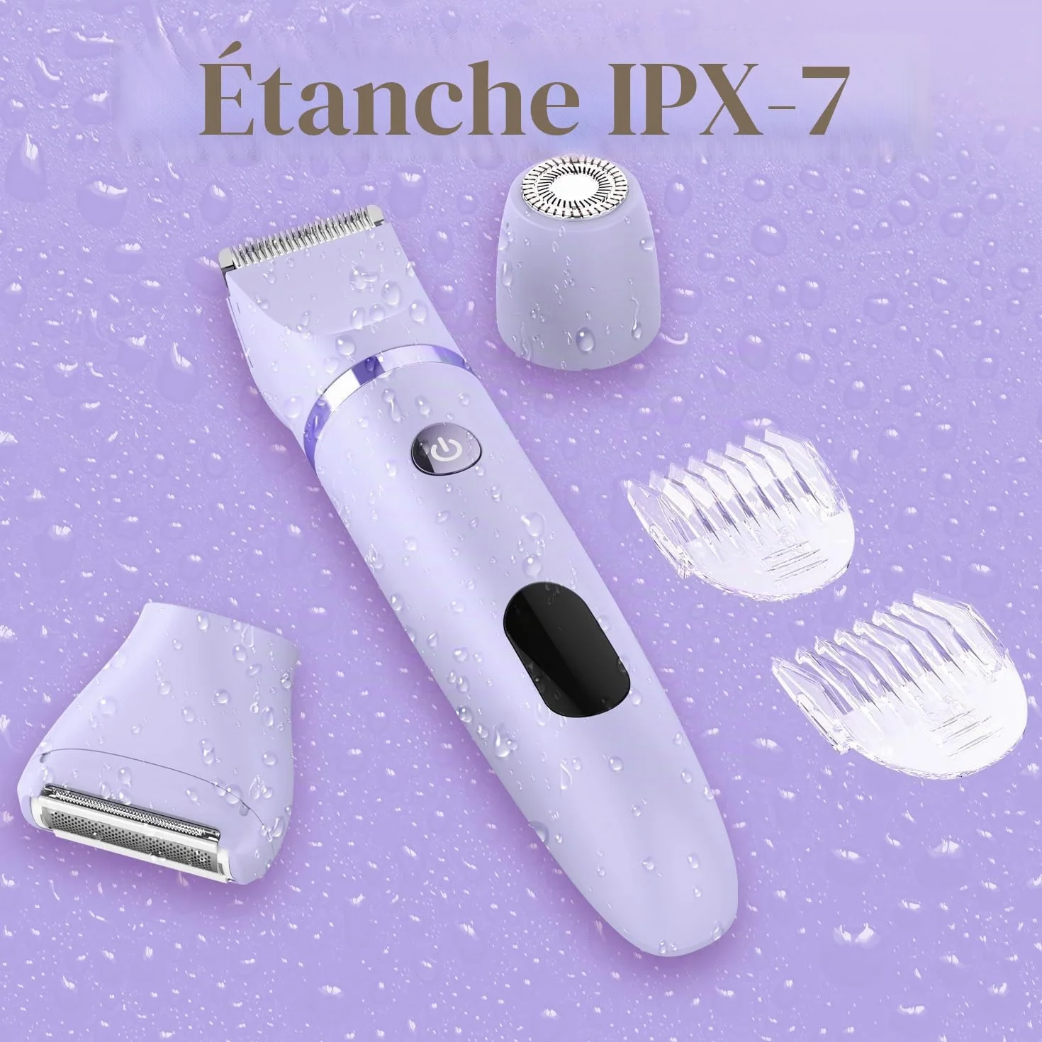 Rasoir Electrique Feminin Tondeuse précise visage zones sensibles, Sans fil, Étanche, Écran LCD, Violet, 3 en 1