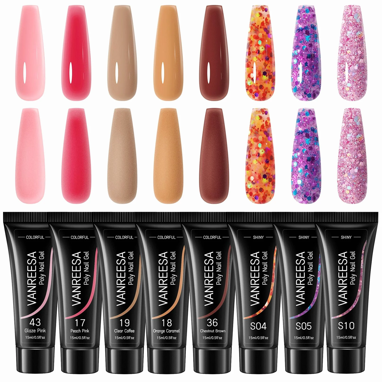VANREESA Kit Ongle Acrygel Rose Glitter Gel Construction UV 8 Couleurs 15ml Débutantes DIY