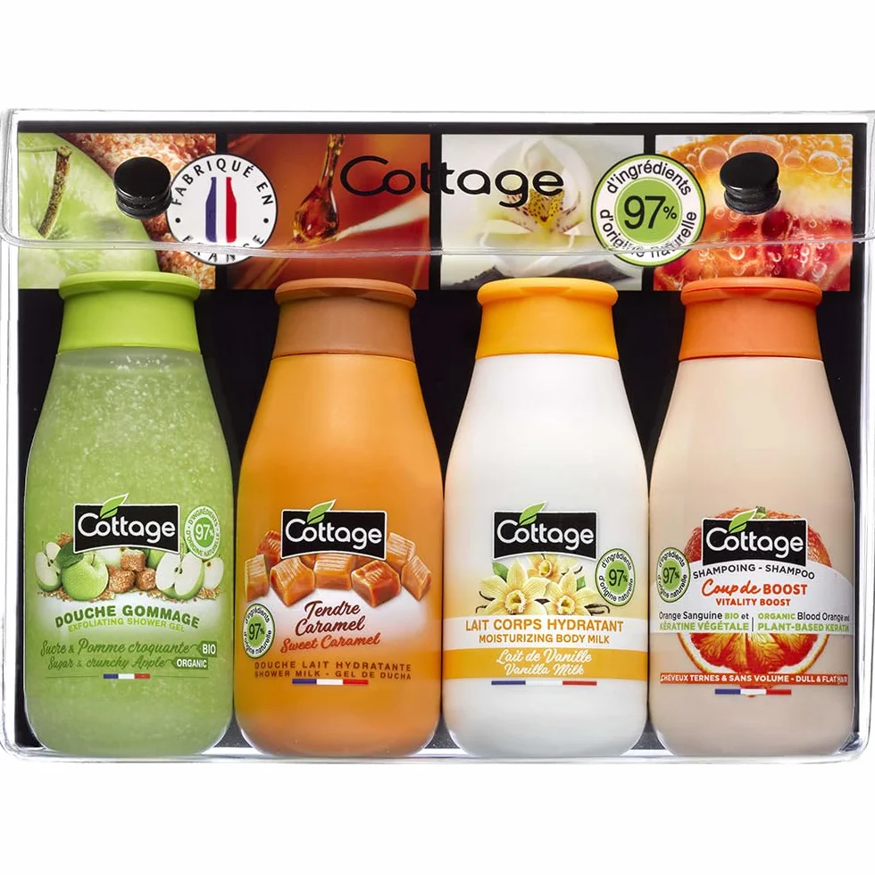 Cottage Kit Voyage Gel Douche Gommage Gel Douche Lait Lait Corps Hydratant Shampoing Doux 4x50ml