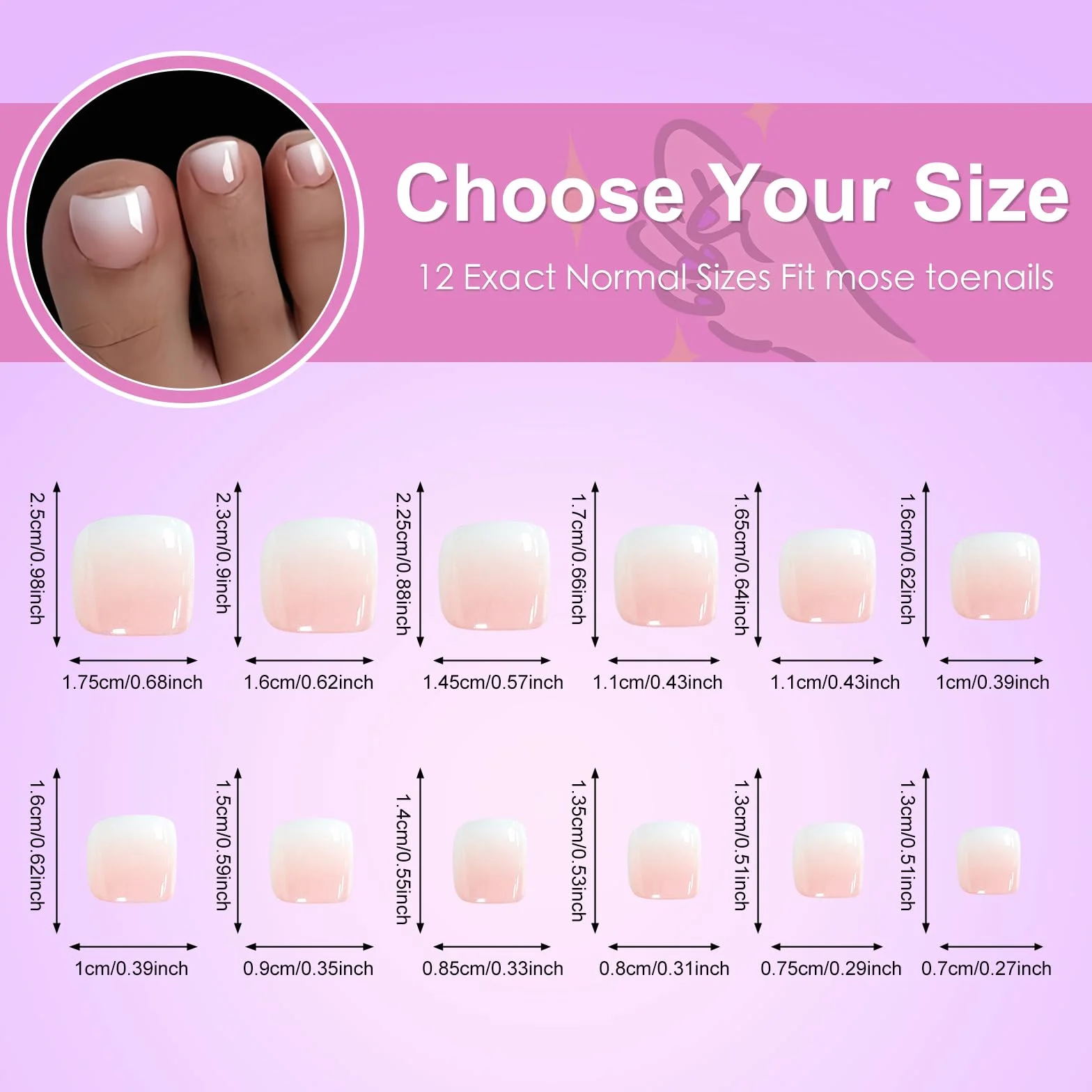 Faux Ongles Pieds 120 Pièces Carré Rose Gradient Capsule Americaine Ongle Artificiels Femmes Toe Nails Full Cover Press on Nails 12 Tailles
