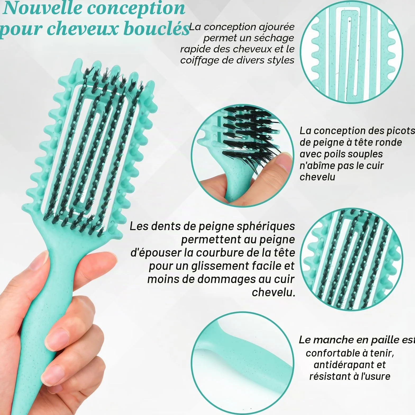 Brosse à cheveux antistatique démêlage doux poignée ergonomique vert