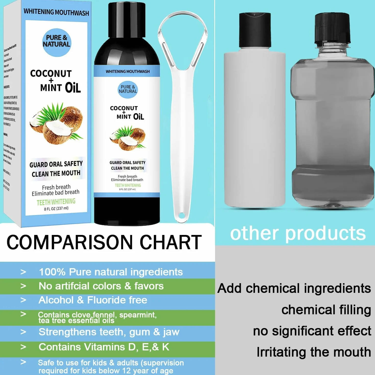 Naturel Bain de Bouche Blanchissant Huile de Noix de Coco Menthe Poivrée Rafraîchit Haleine Blanchit Dents Gencives Saines