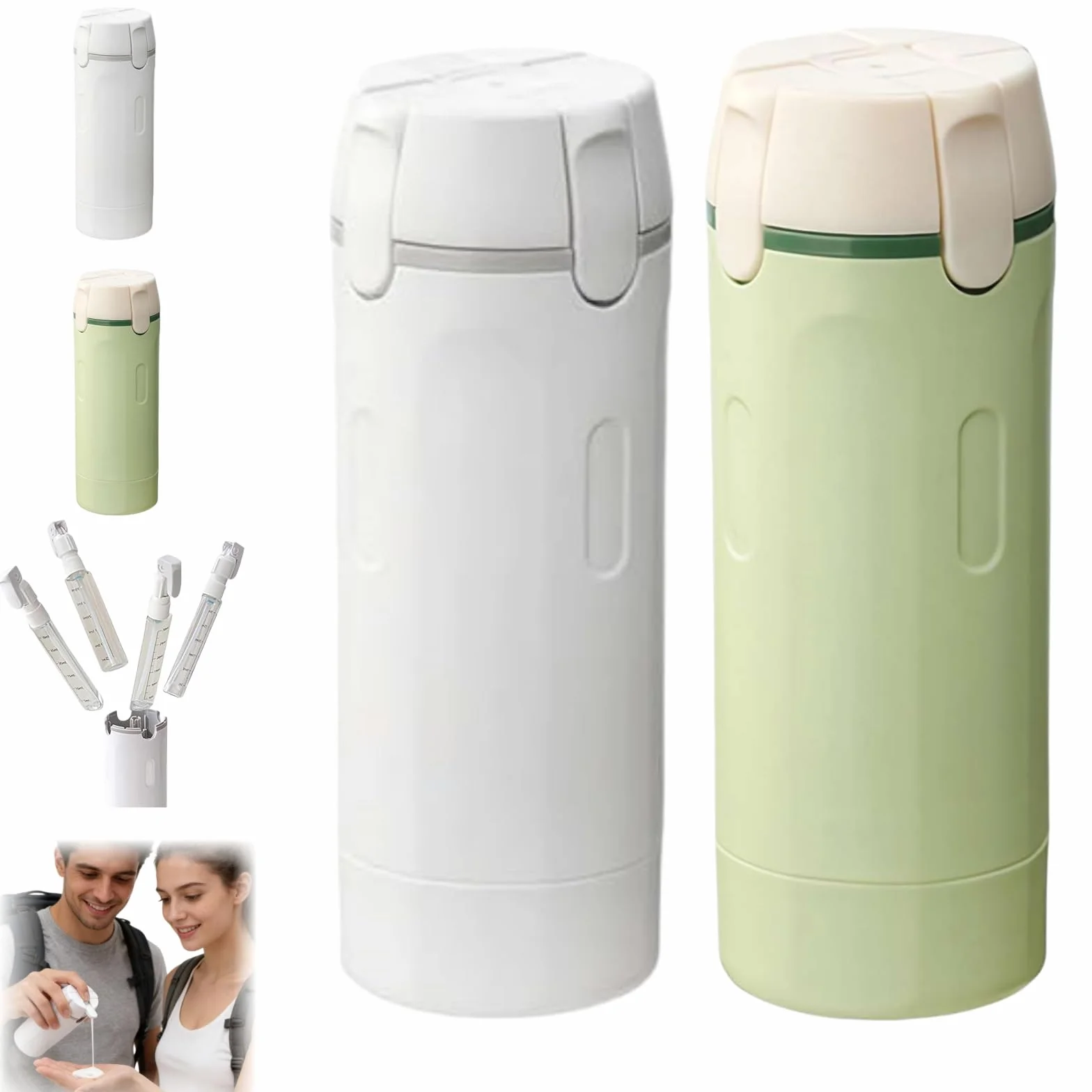 Générique 4 in 1 Travel Dispenser with Scale & Label, Clear Portable Dispenser Bottles, Multipurpose Travel Toiletry Containers, Travel Toiletries Bottle Set for Gym Bag Weekends Away (White+Green)