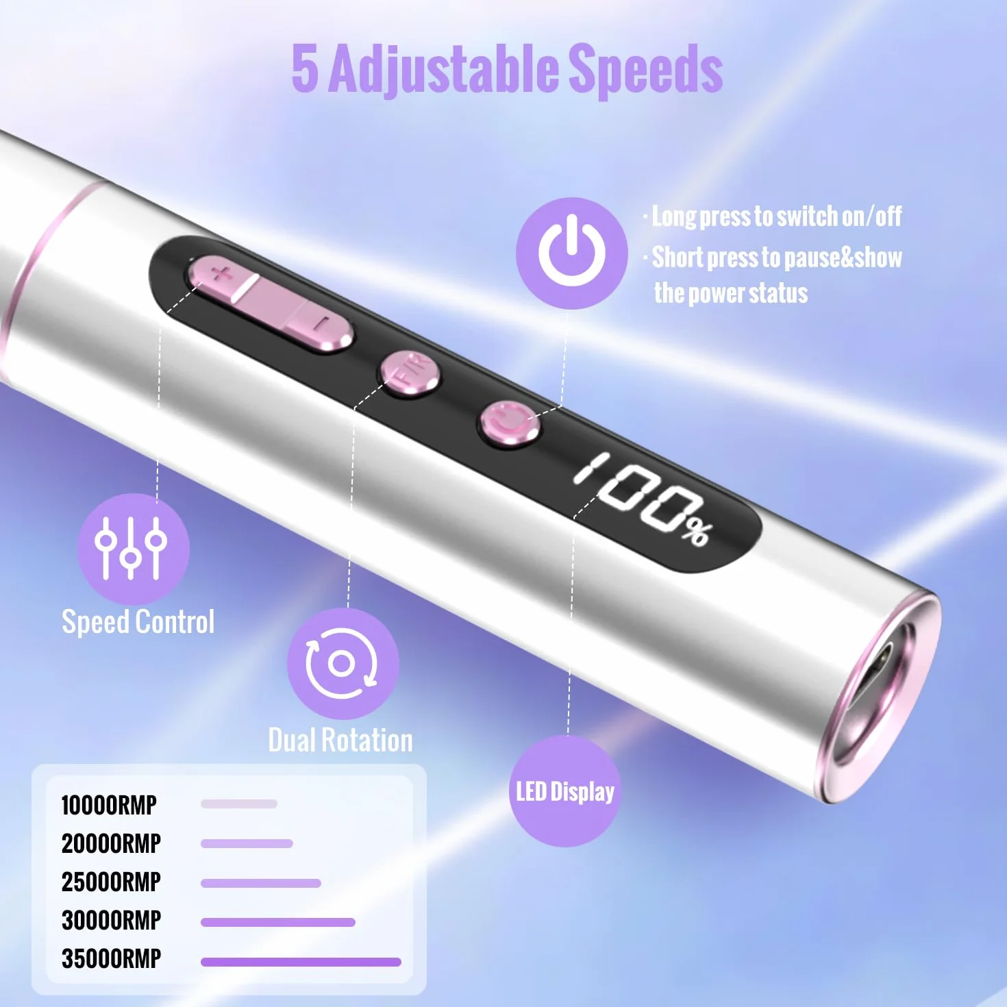 Ponceuse pour Ongles Professionnelle 35000 tr/min 12 en 1 Lime Electrique Sans Fil LED écran Numérique Kit Manucure Pédicure Rechargeable Vitesse Réglable