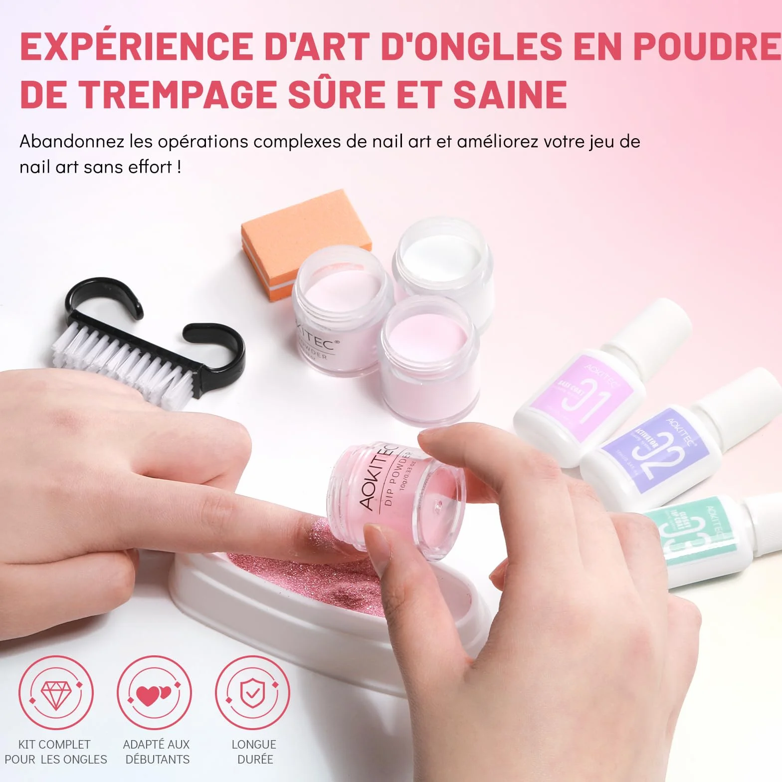 Aokitec Kit de poudre à ongles 4 couleurs, poudre à tremper paillettes blanc rose avec base liquide