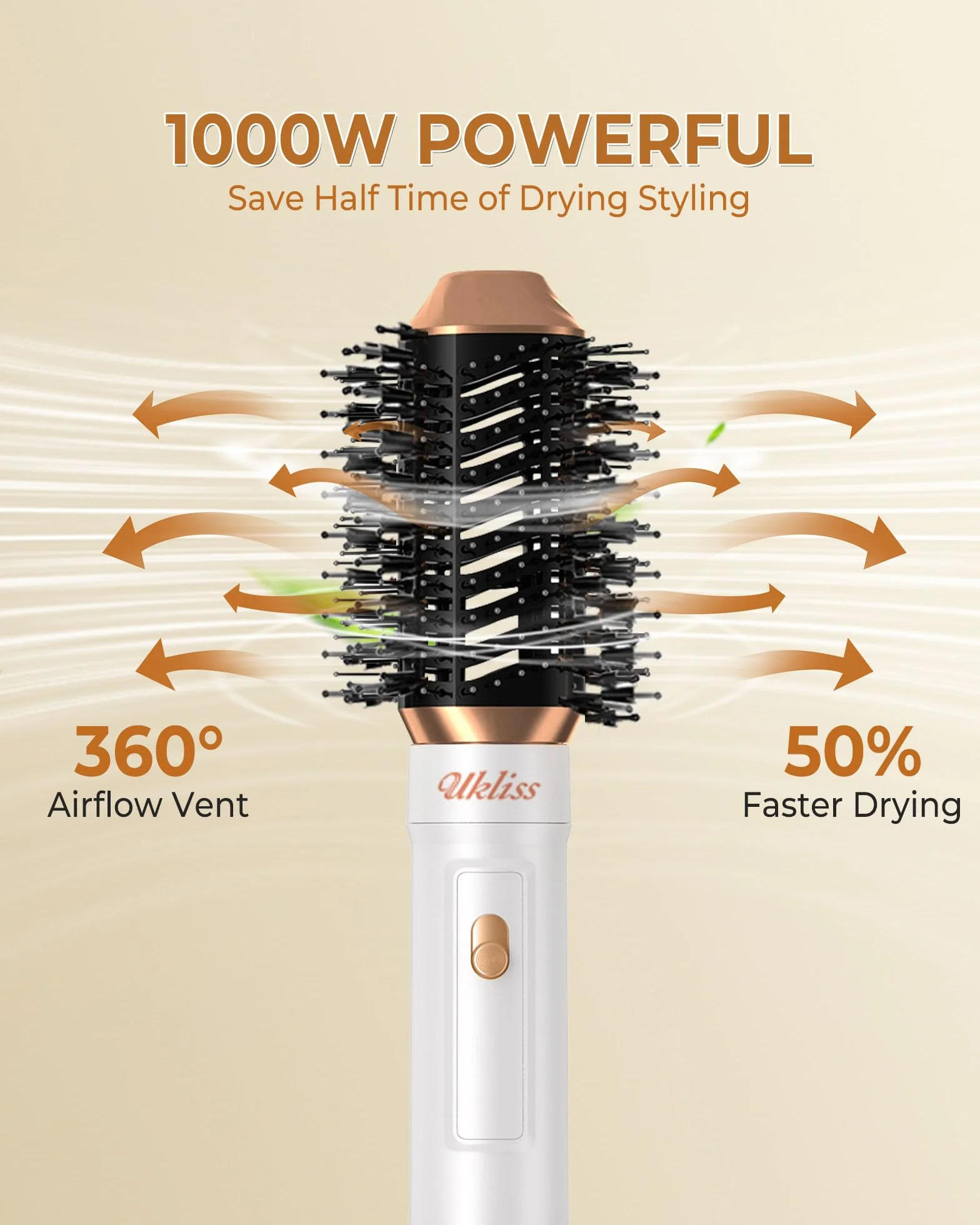 UKLISS Airbrush 6 en 1 Sèche Cheveux Professionnel 1000W Boucleur Automatique Brosse Soufflante Blanc