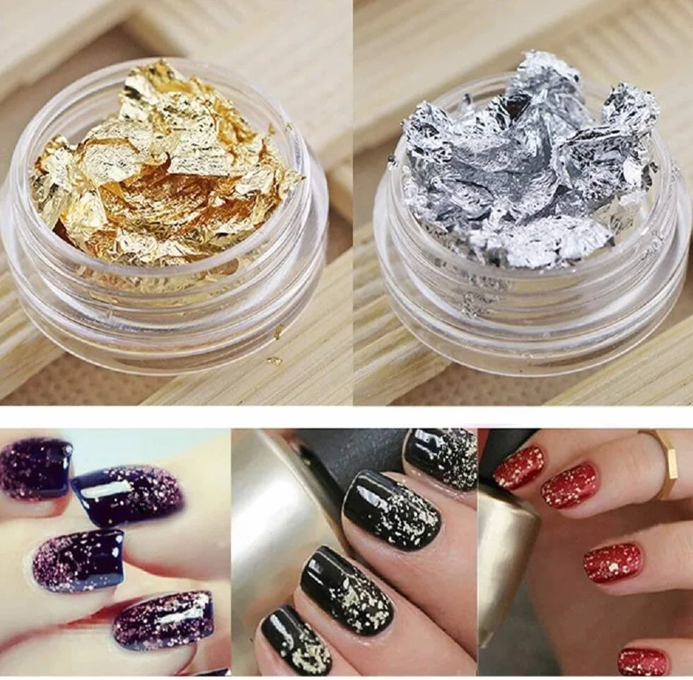Feuille d'or Feuille d'argent 12 pièces Paillettes Nail Art décoration Gel Ongles Fournitures
