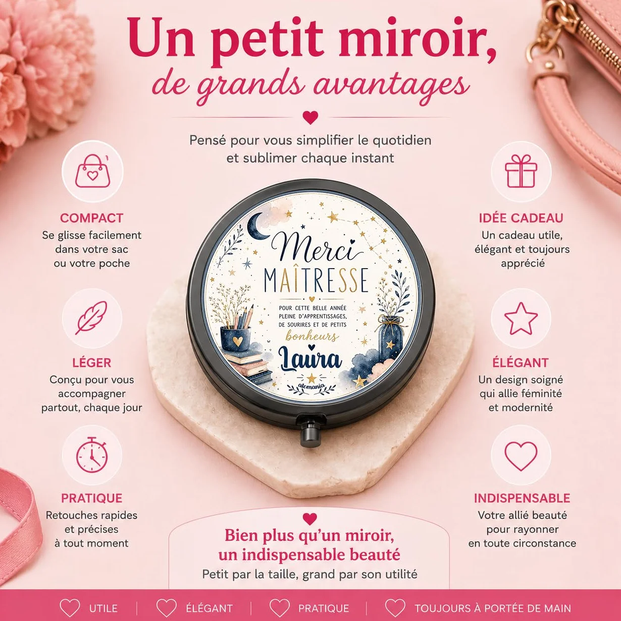 Miroir de Poche Personnalisé avec Prénom – Cadeau Maîtresse Original Fin d'Année Scolaire – Miroir Compact Femme