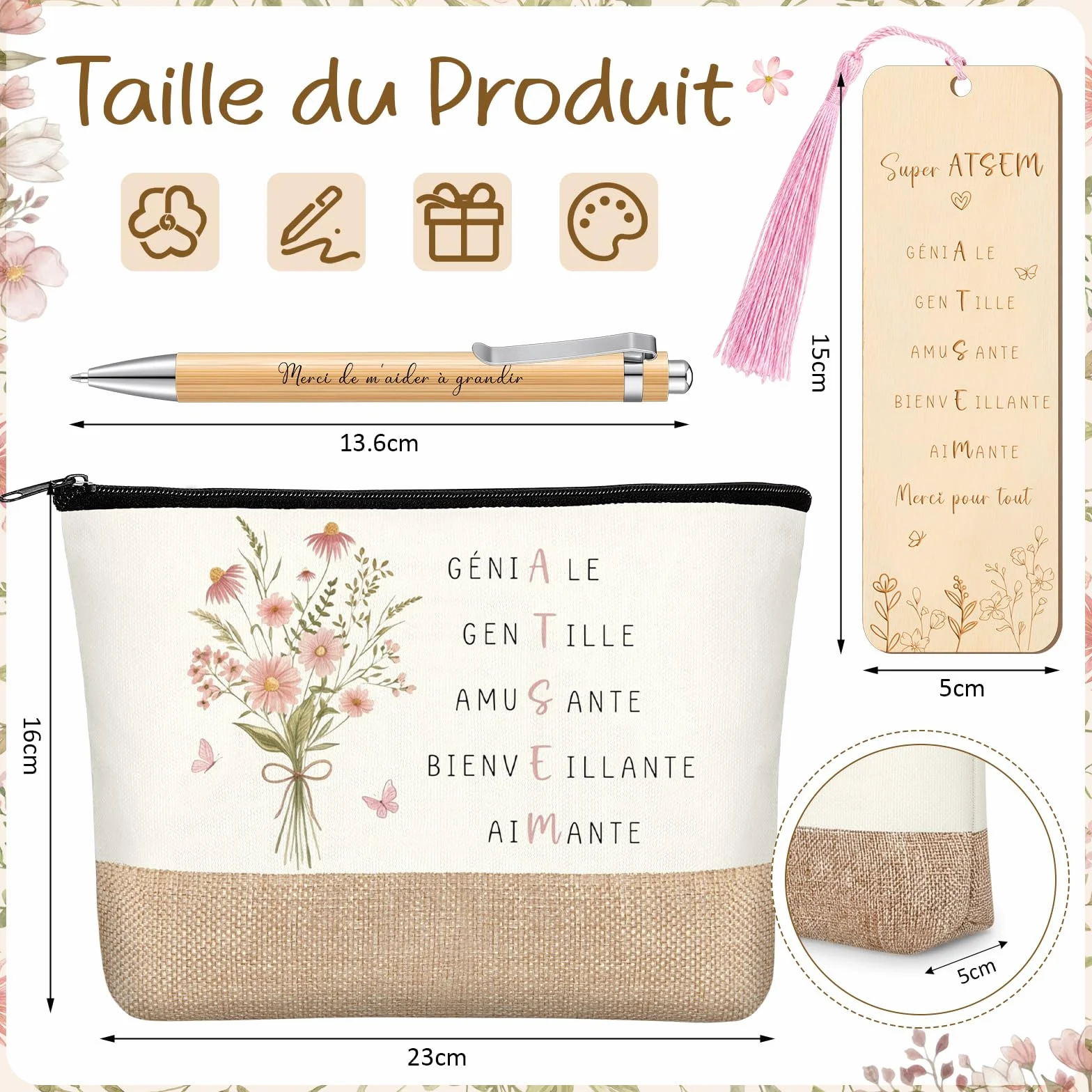 Photect Trousse à Maquillage Marque Page Maitresse en Bois avec Pompons Stylo à Bille Cadeau pour Atsem Noël