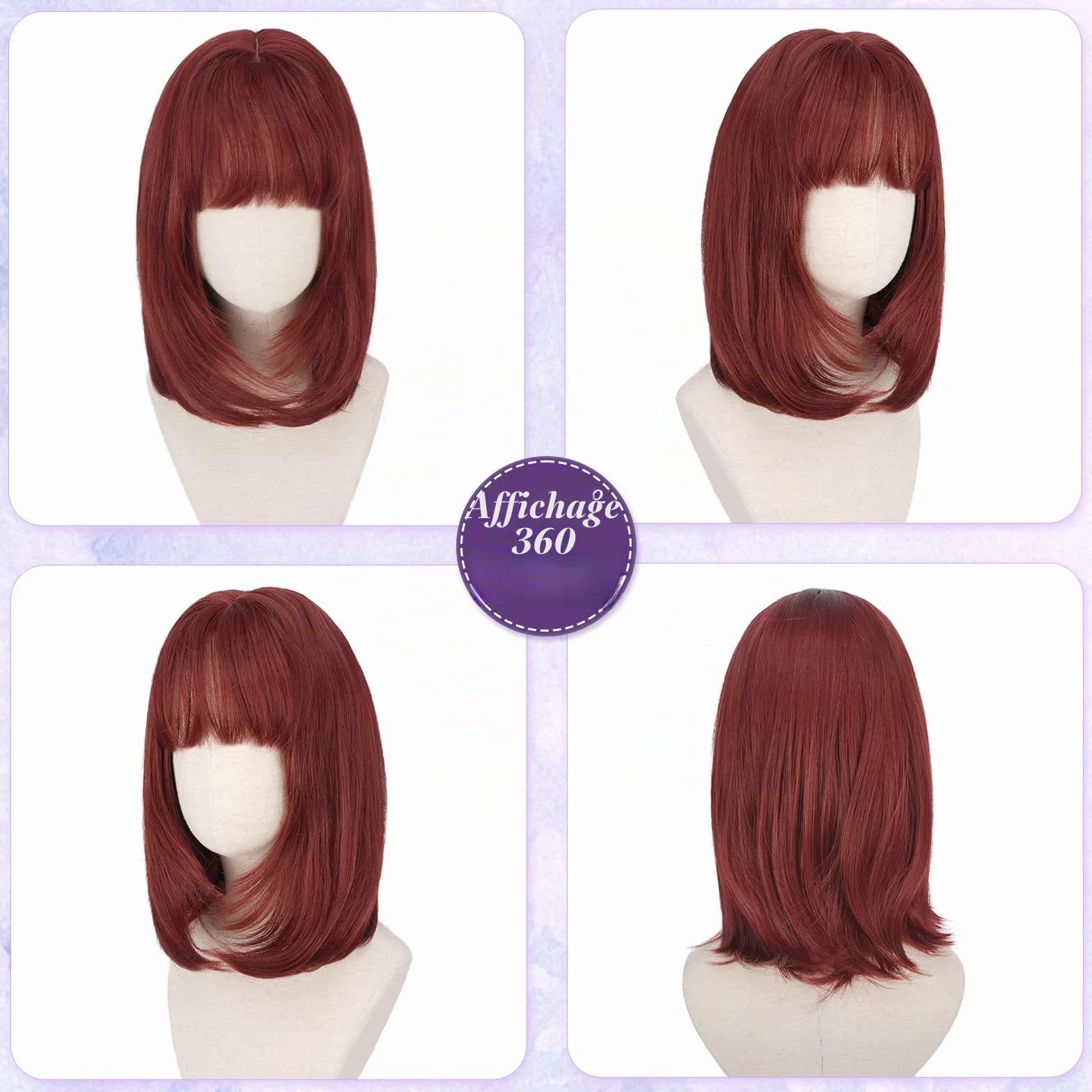 RUWISS Rouge Cuivré Perruque Courte Droite avec Frange, 35 cm Bob Layered Perruques pour Femme Classique Bob Synthétiques Résistantes pour Usageet Quotidien et Cosplay