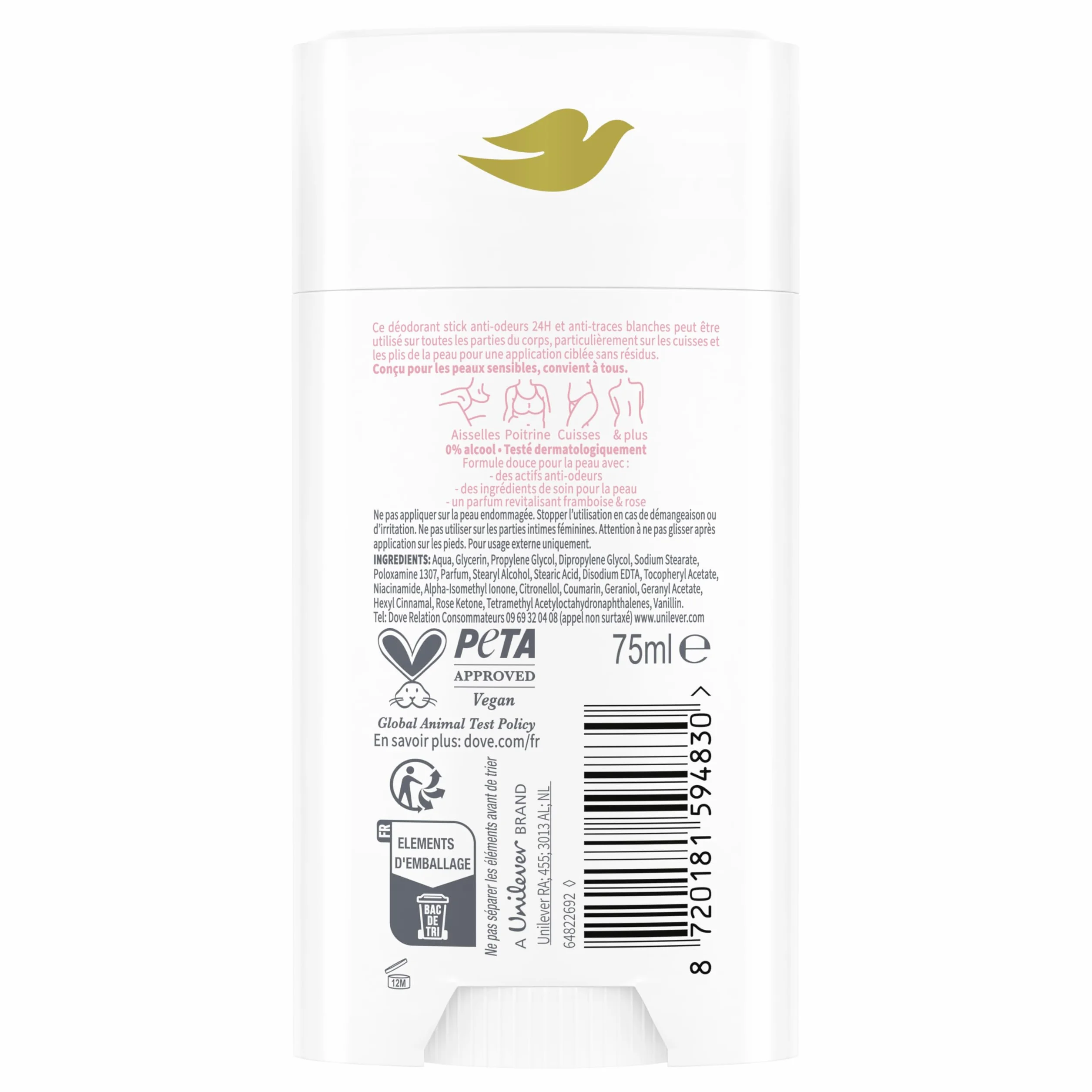 Dove Déodorant Stick Framboise & Rose Anti Odeurs 72h Peaux Sensibles 75ml